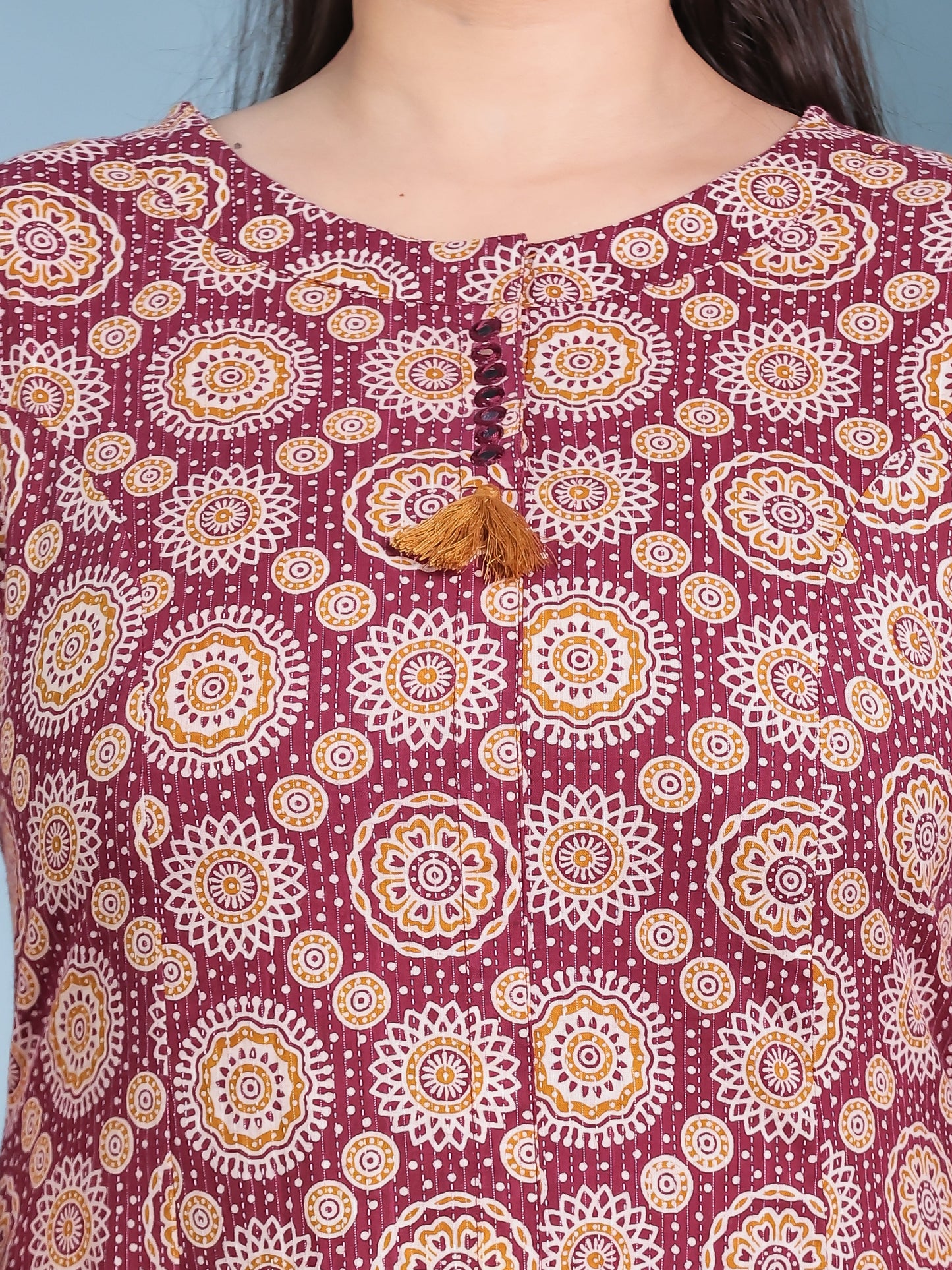 Embroidered Kantha Cotton Geometric Flared Maroon Kurta