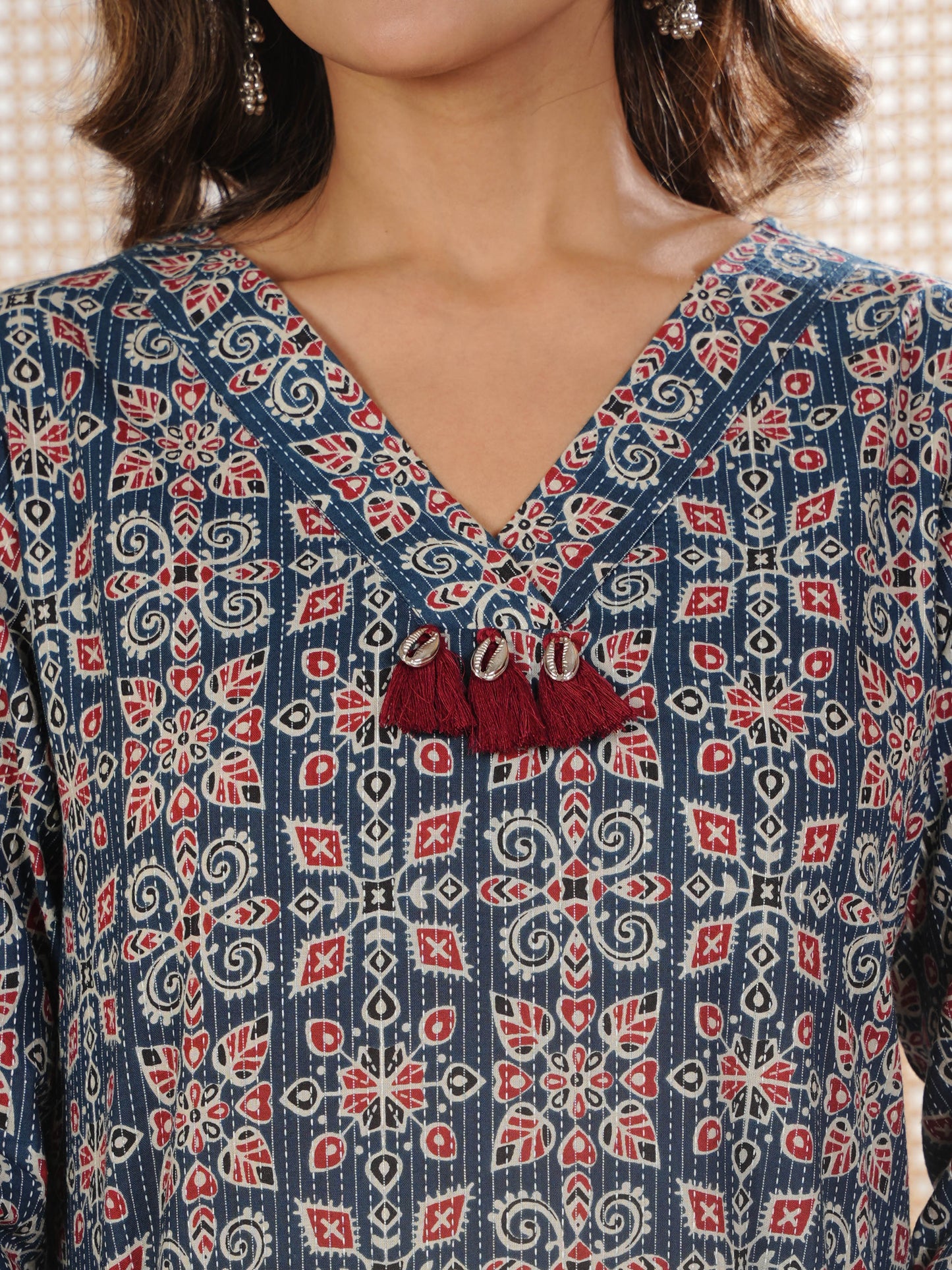 Kantha Cotton Geometric Straight Blue Kurta