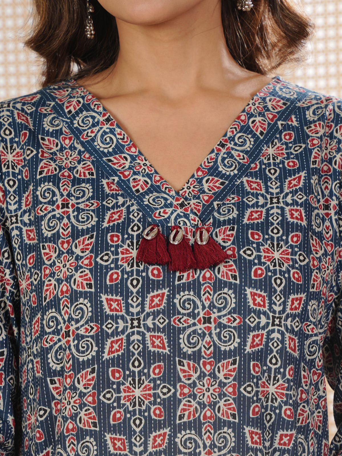Kantha Cotton Geometric Straight Blue Kurta