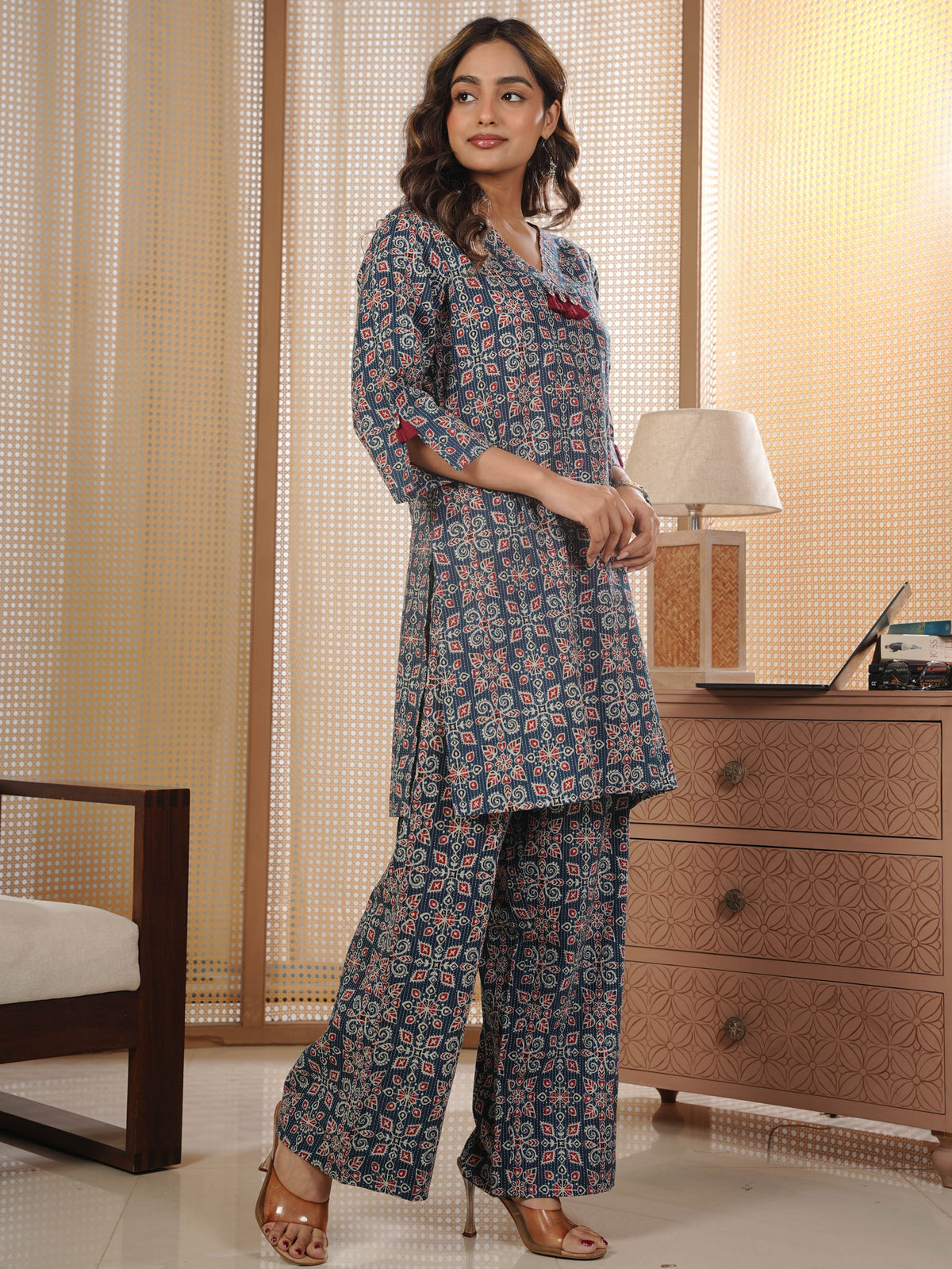 Kantha Cotton Geometric Straight Blue Kurta