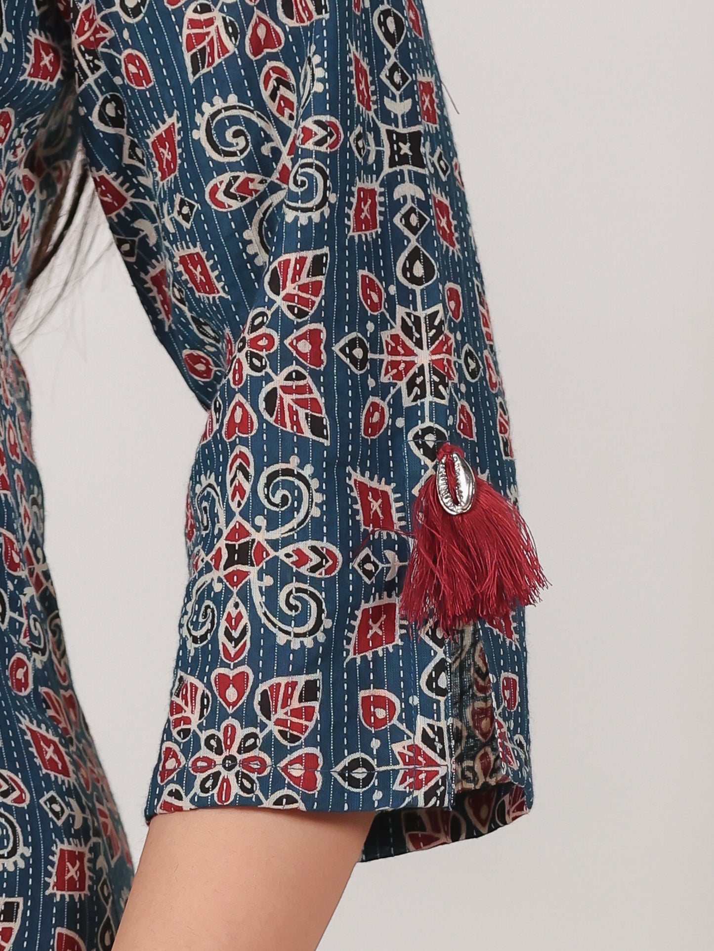 Kantha Cotton Geometric Straight Blue Kurta