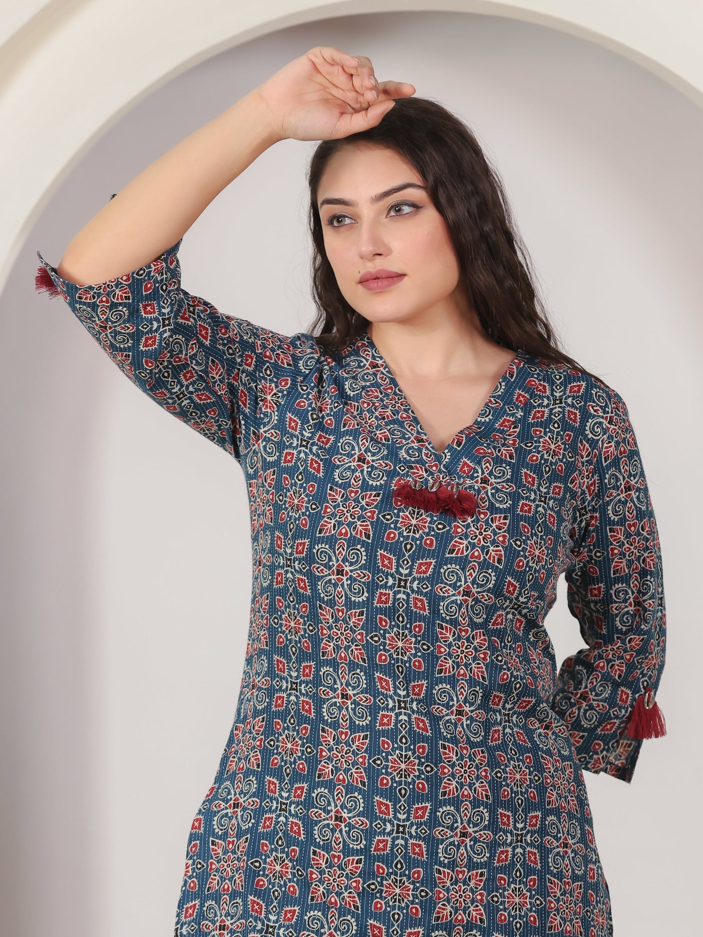 Kantha Cotton Geometric Straight Blue Kurta