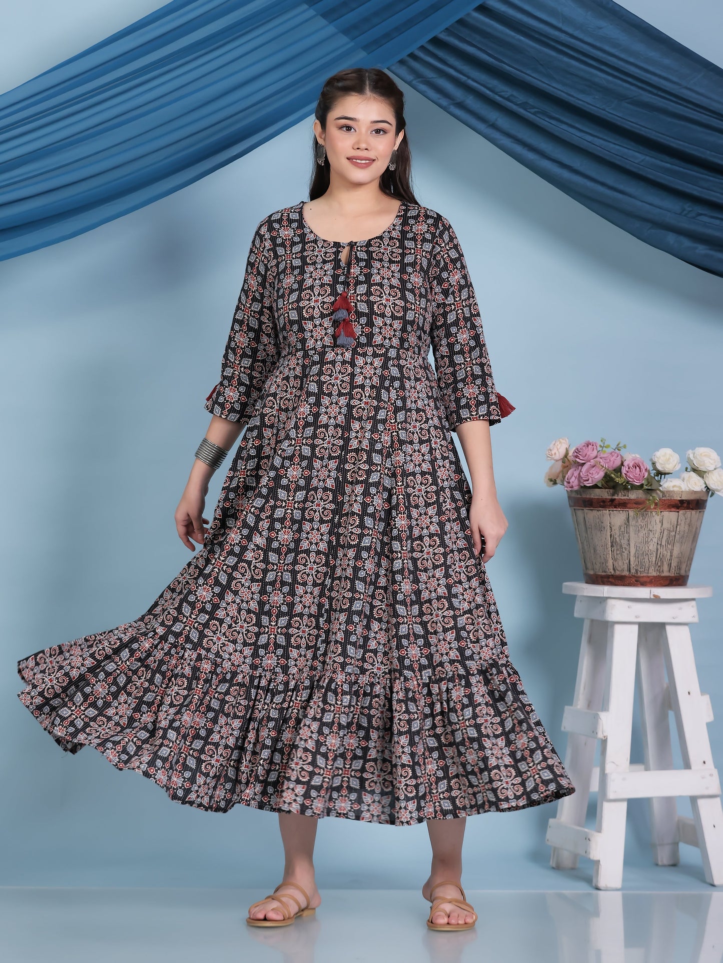Kantha Cotton Geometric Anarkali Black Dress