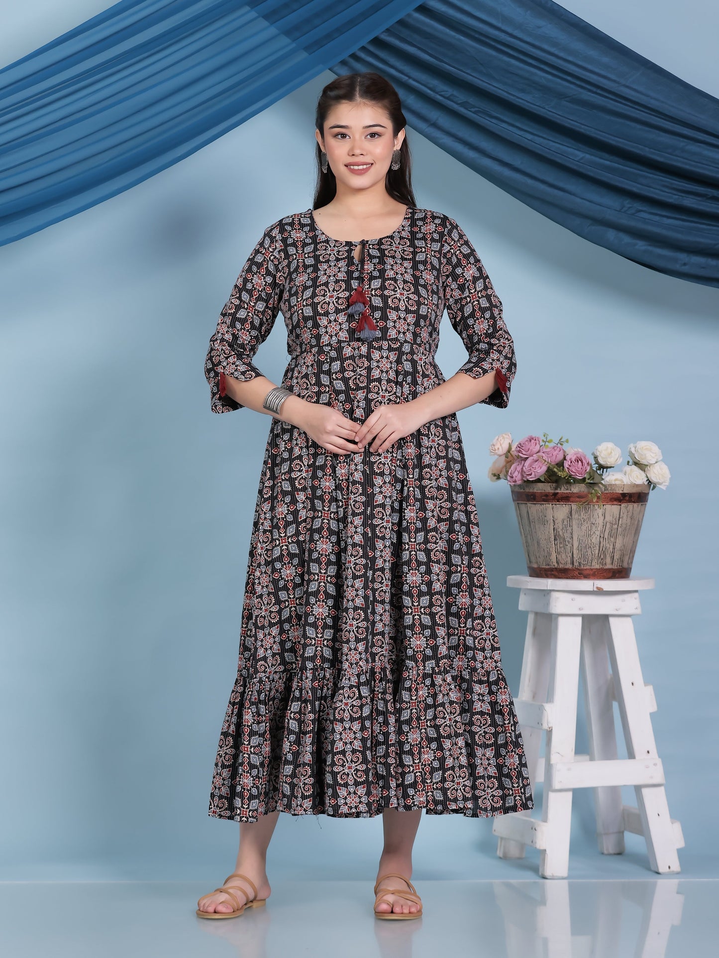 Kantha Cotton Geometric Anarkali Black Dress