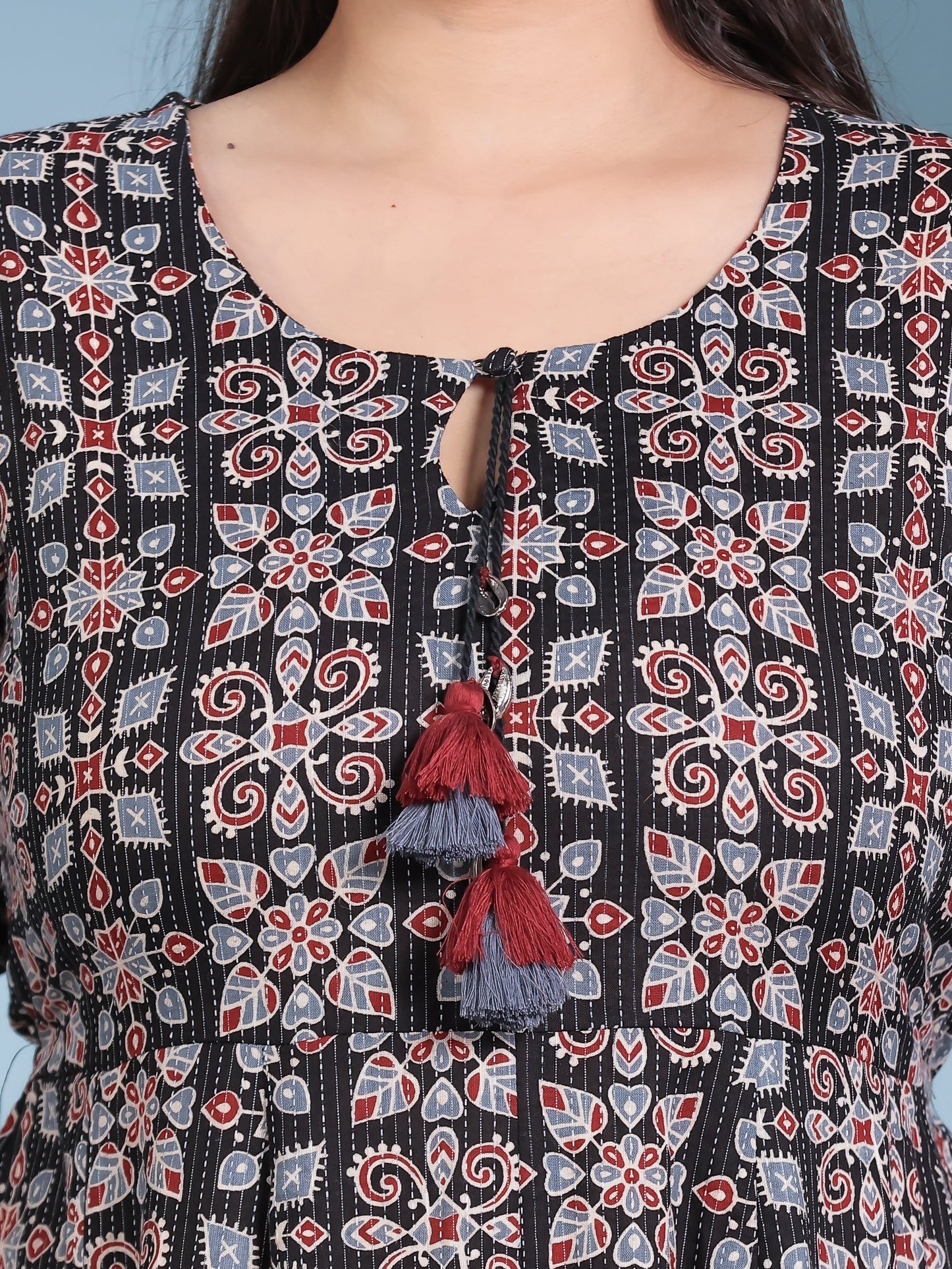 Kantha Cotton Geometric Anarkali Black Dress