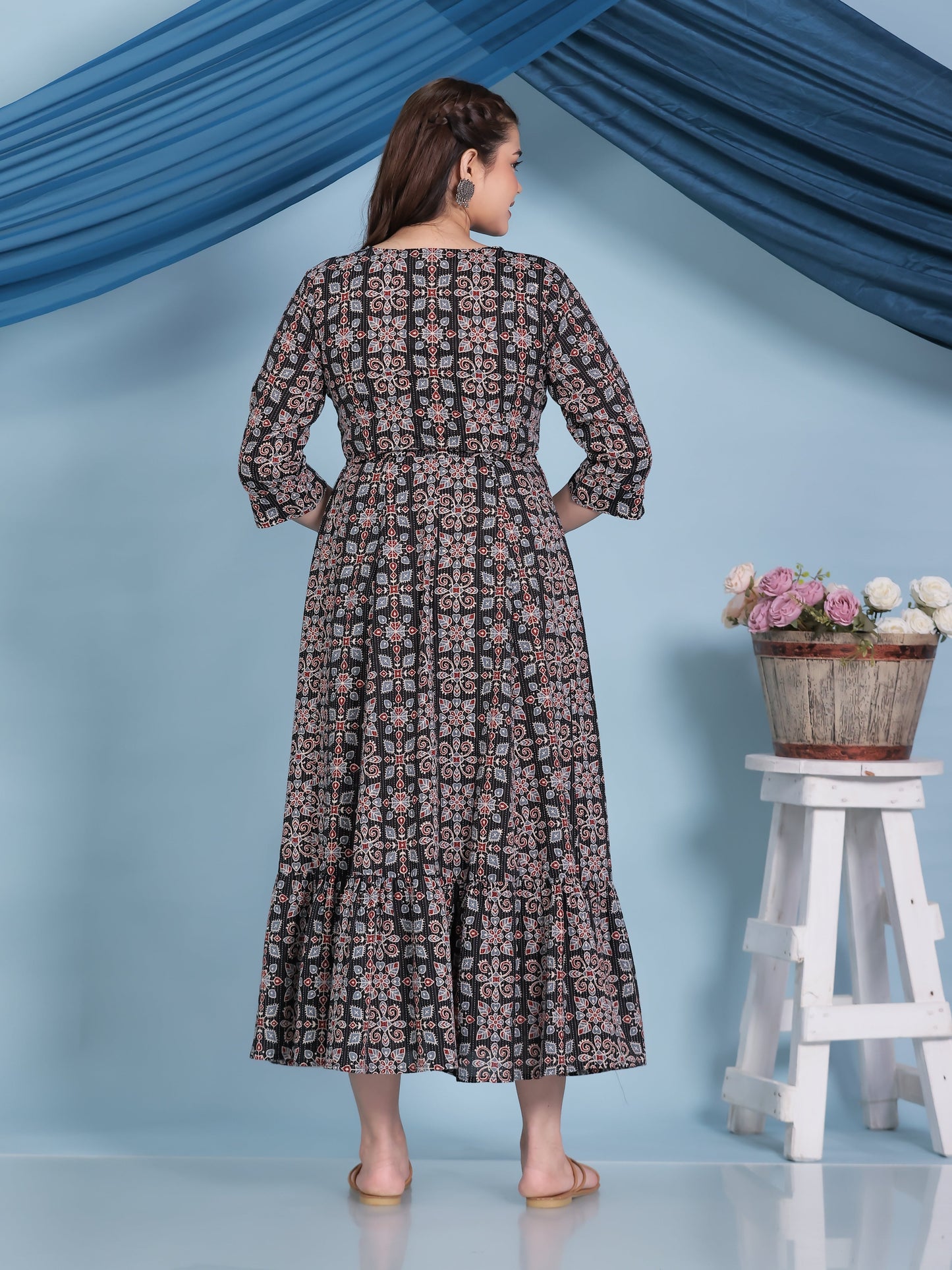 Kantha Cotton Geometric Anarkali Black Dress