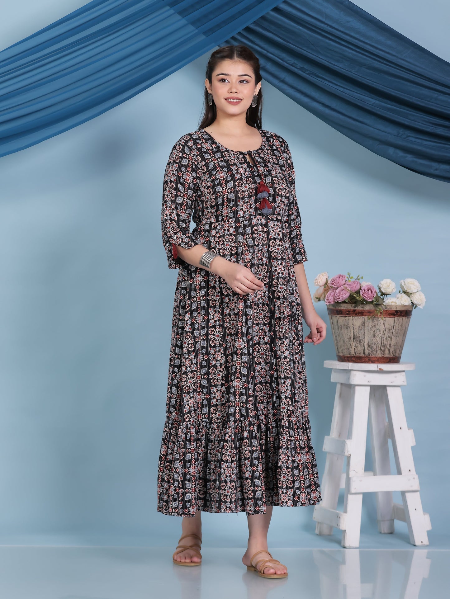Kantha Cotton Geometric Anarkali Black Dress