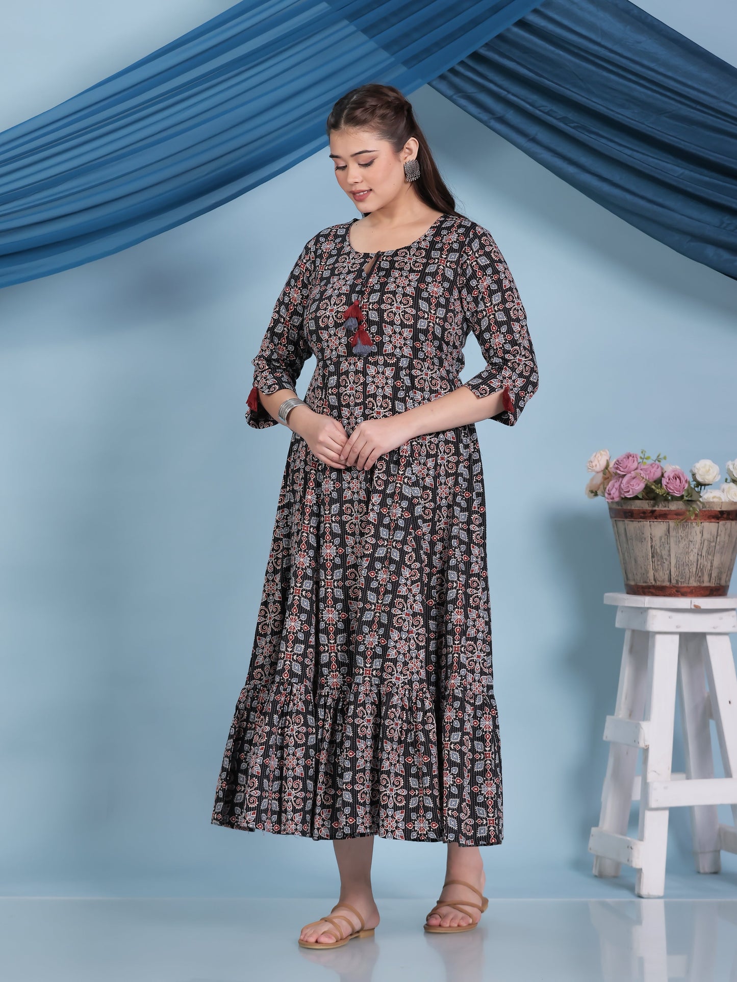 Kantha Cotton Geometric Anarkali Black Dress