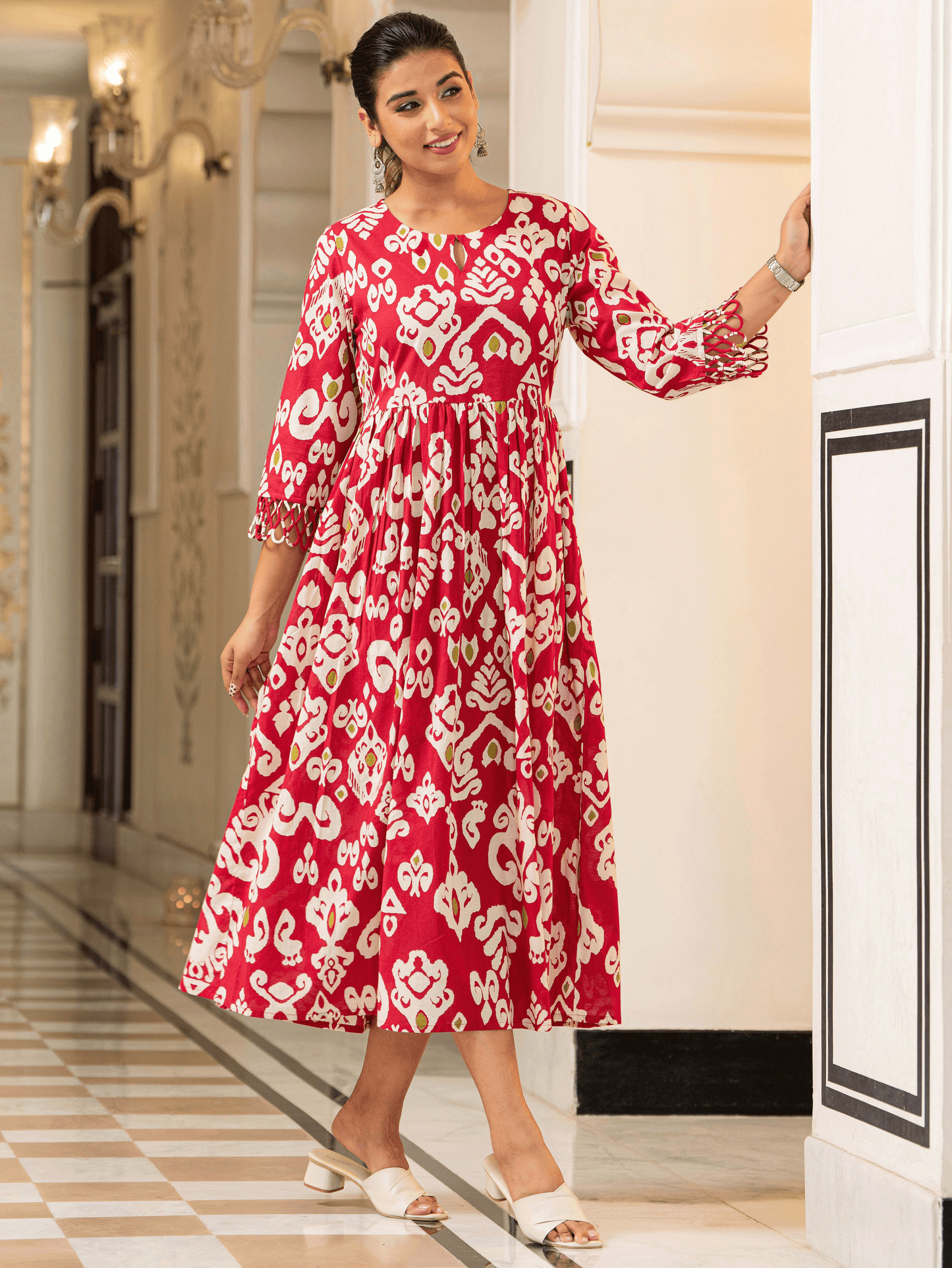Soft Cotton Ikat Flared Red Dress (With Bag)