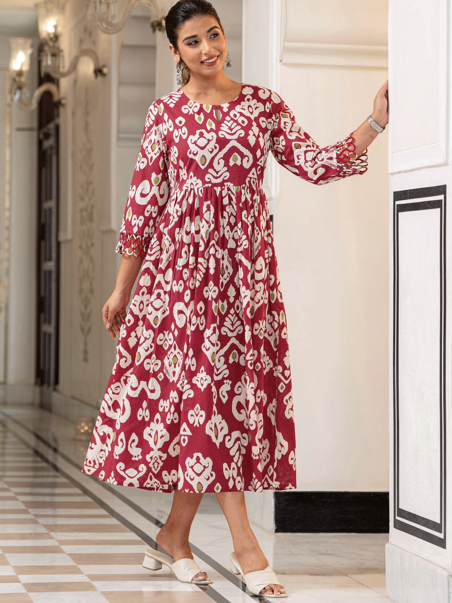 Soft Cotton Ikat Flared Red Dress (With Bag)
