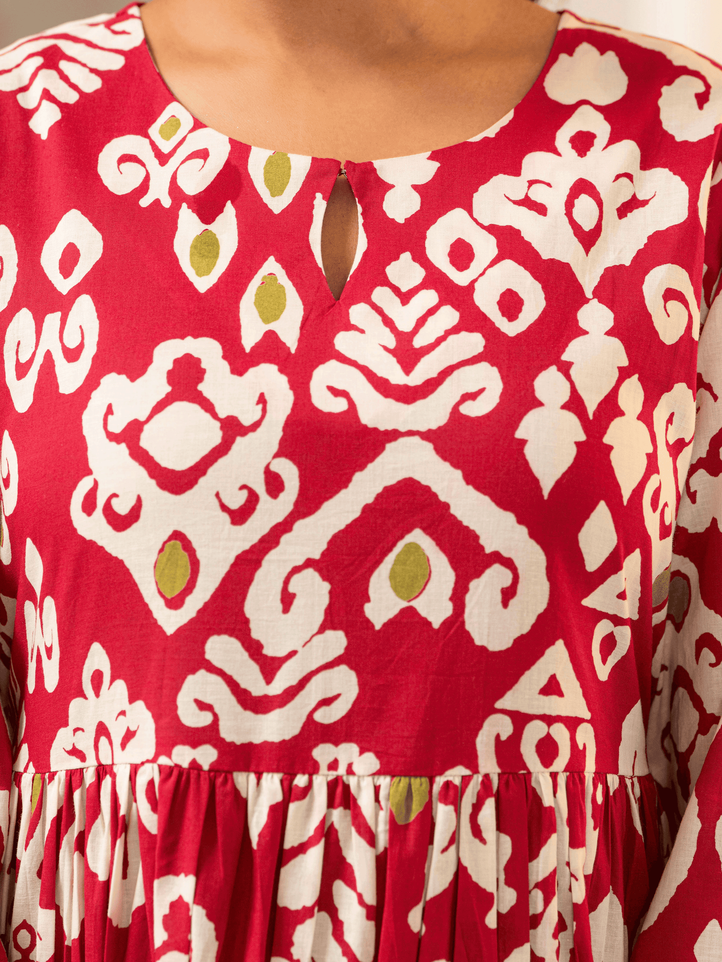 Soft Cotton Ikat Flared Red Dress (With Bag)