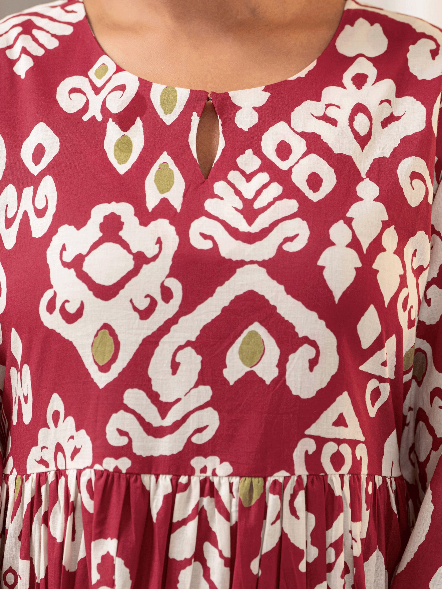 Soft Cotton Ikat Flared Red Dress (With Bag)