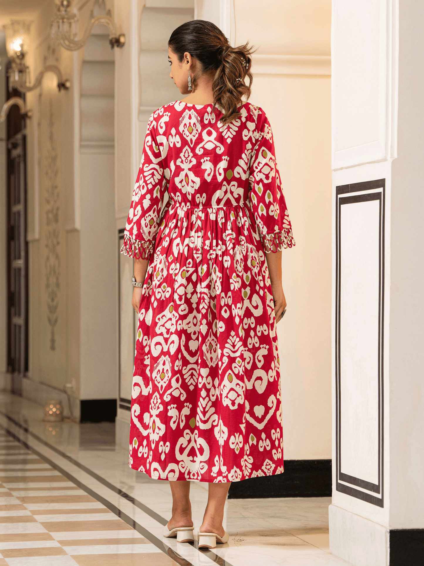 Soft Cotton Ikat Flared Red Dress (With Bag)