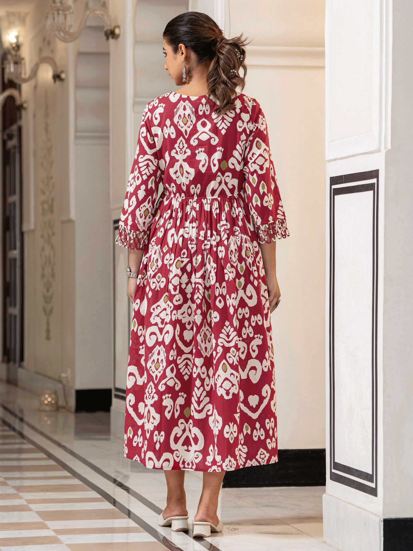 Soft Cotton Ikat Flared Red Dress (With Bag)