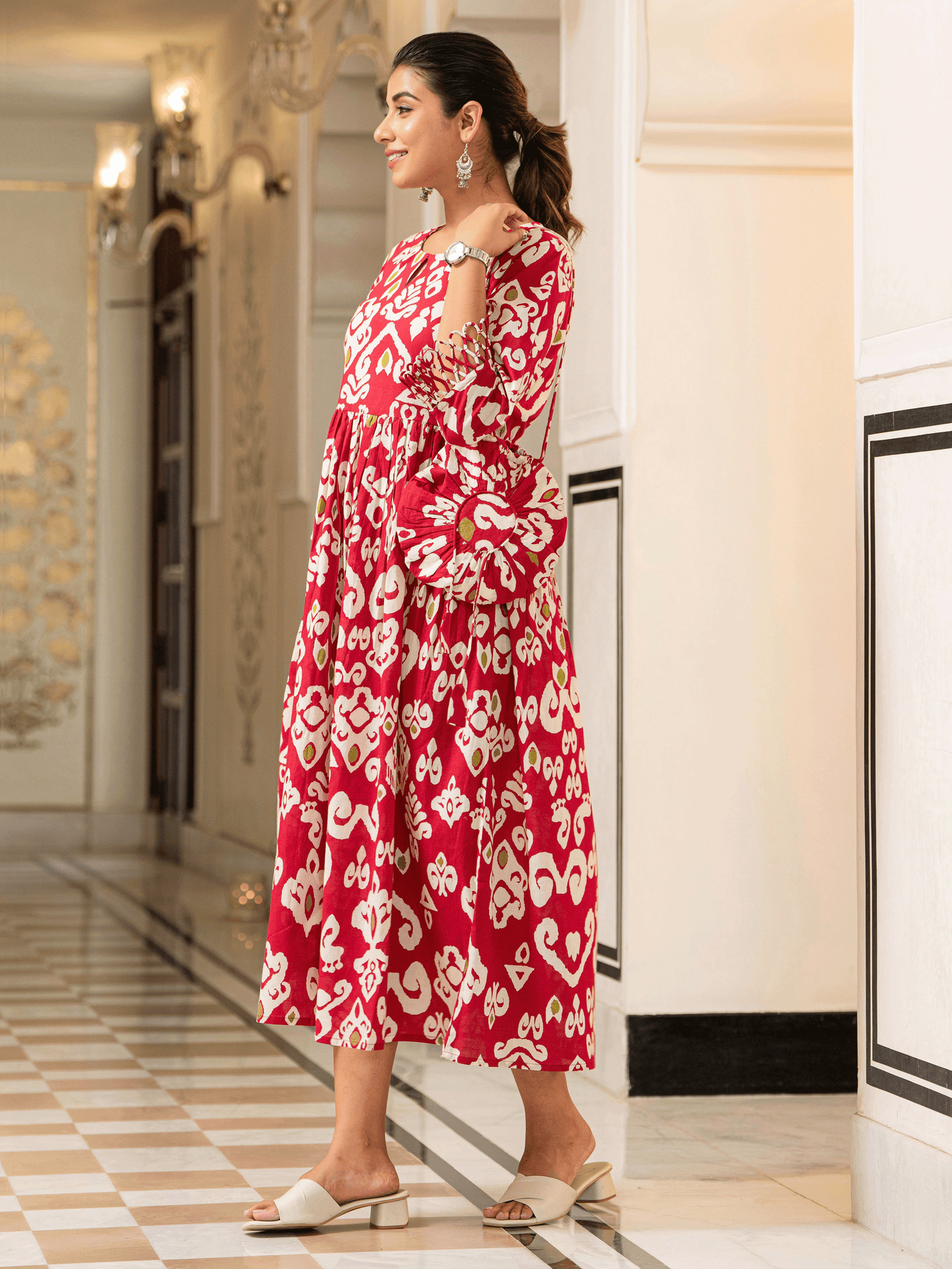 Soft Cotton Ikat Flared Red Dress (With Bag)