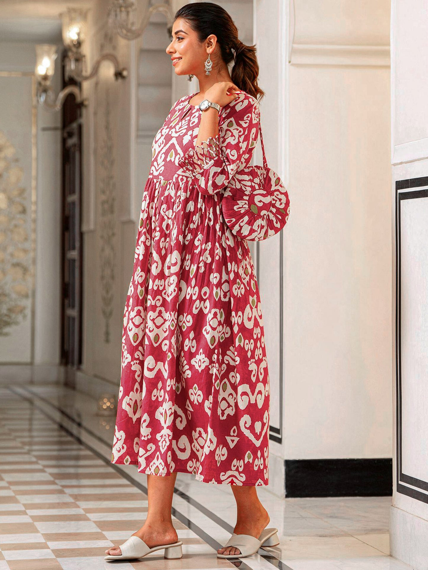 Soft Cotton Ikat Flared Red Dress (With Bag)