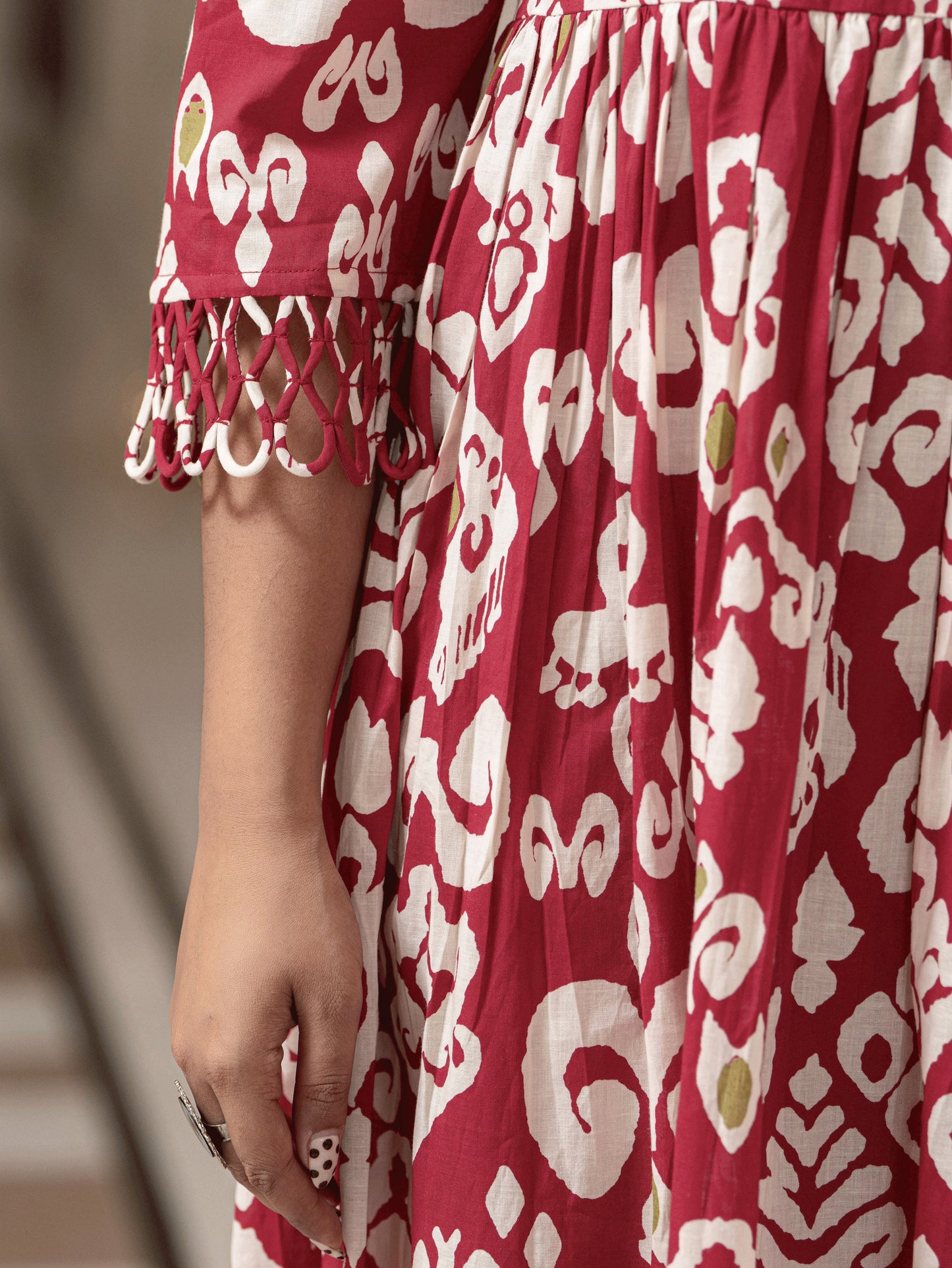 Soft Cotton Ikat Flared Red Dress (With Bag)