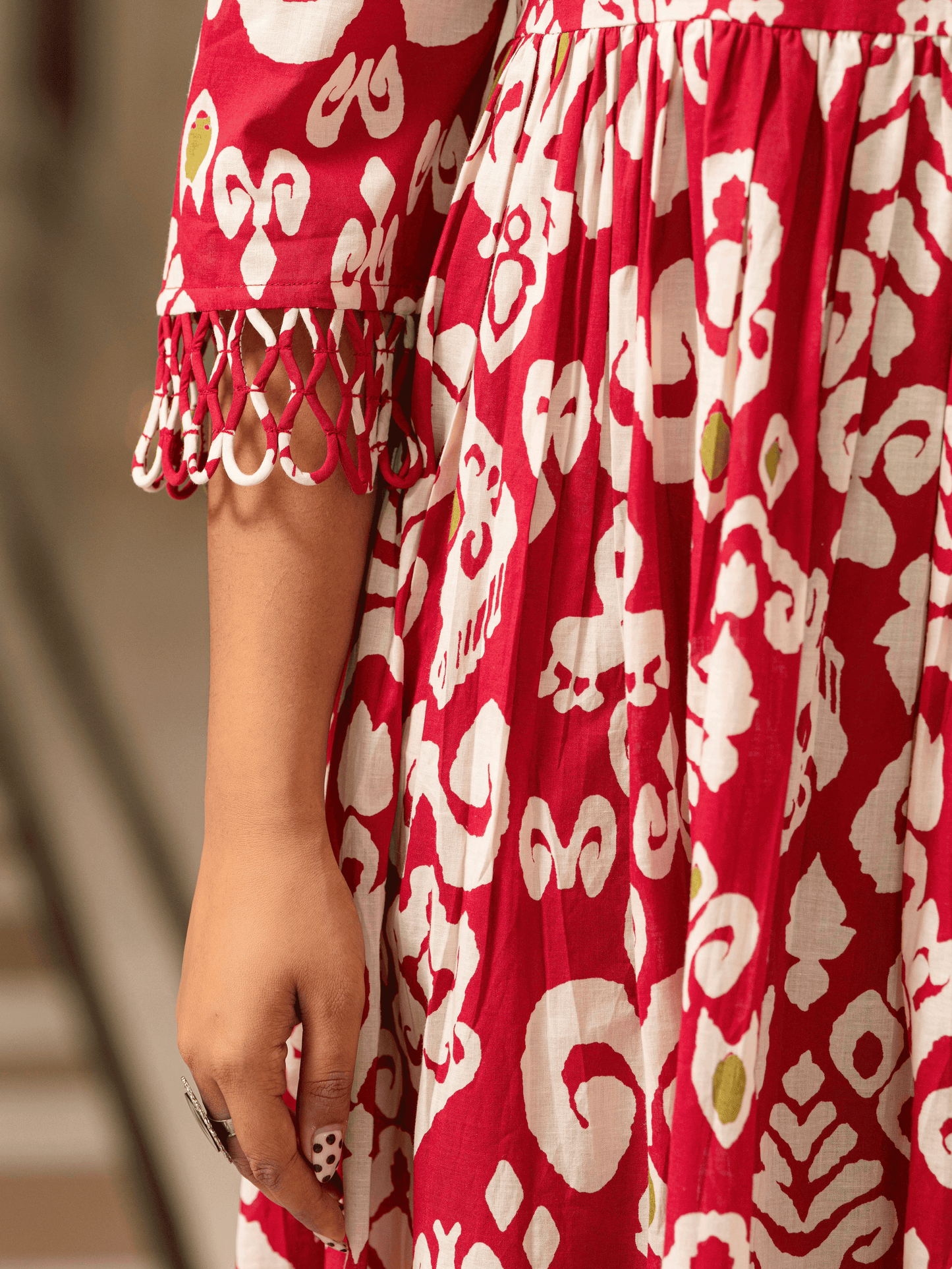 Soft Cotton Ikat Flared Red Dress (With Bag)