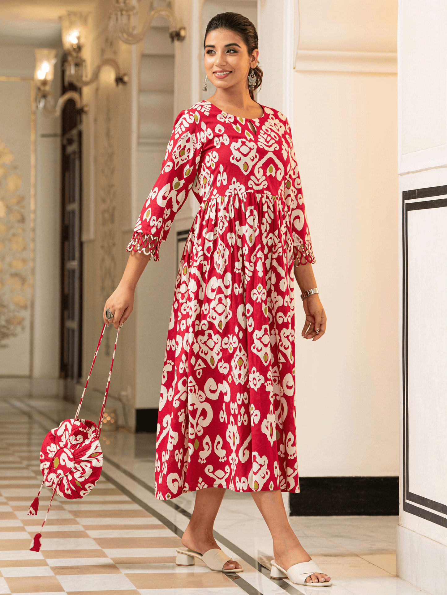 Soft Cotton Ikat Flared Red Dress (With Bag)