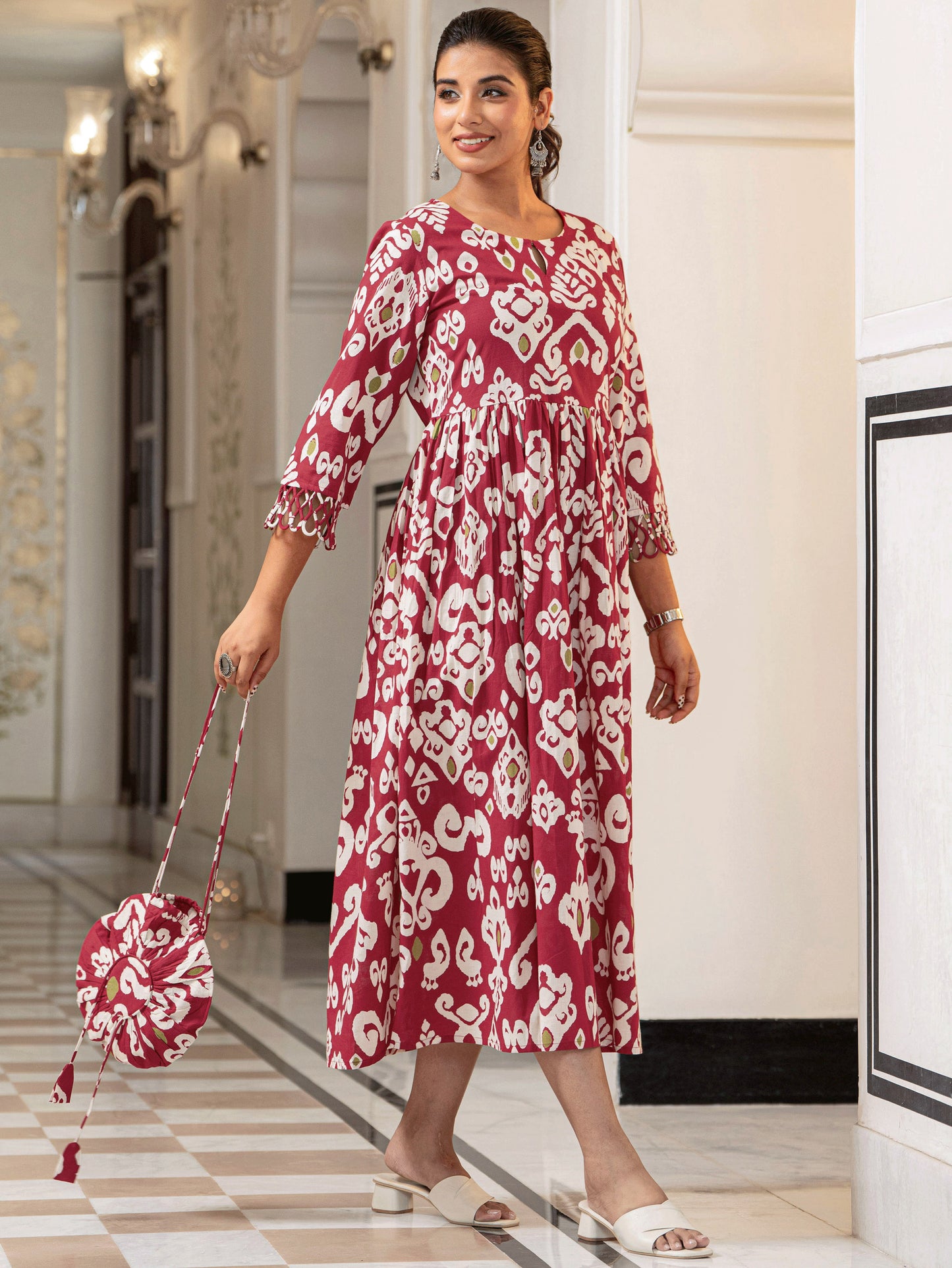 Soft Cotton Ikat Flared Red Dress (With Bag)