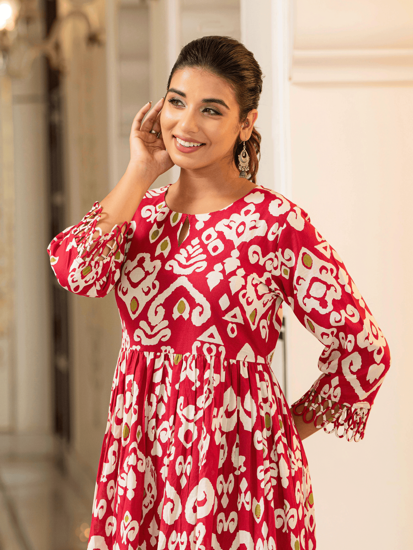 Soft Cotton Ikat Flared Red Dress (With Bag)