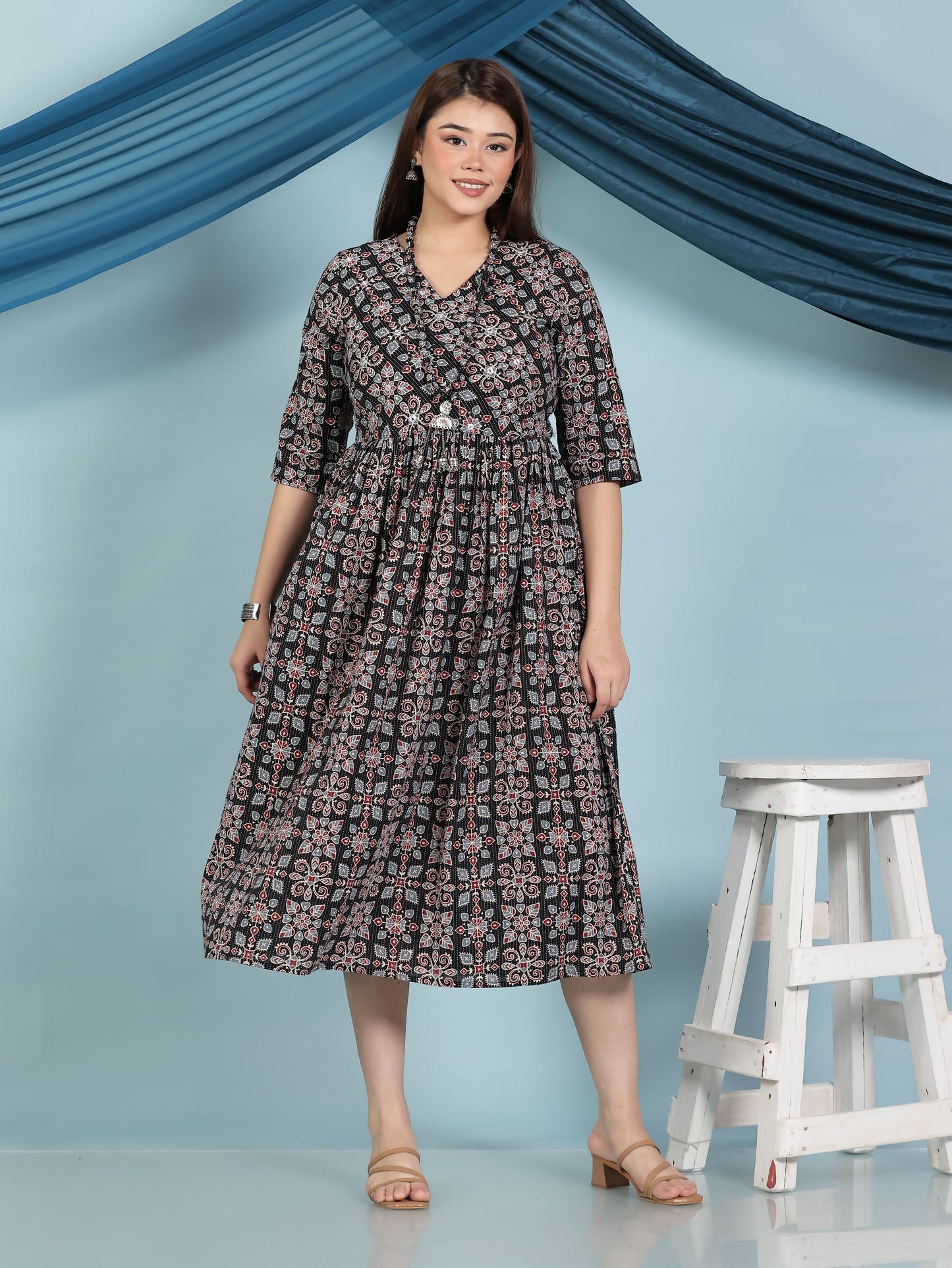 Embroidered Kantha Cotton Geometric Angrakha Black Dress (With Necklace)