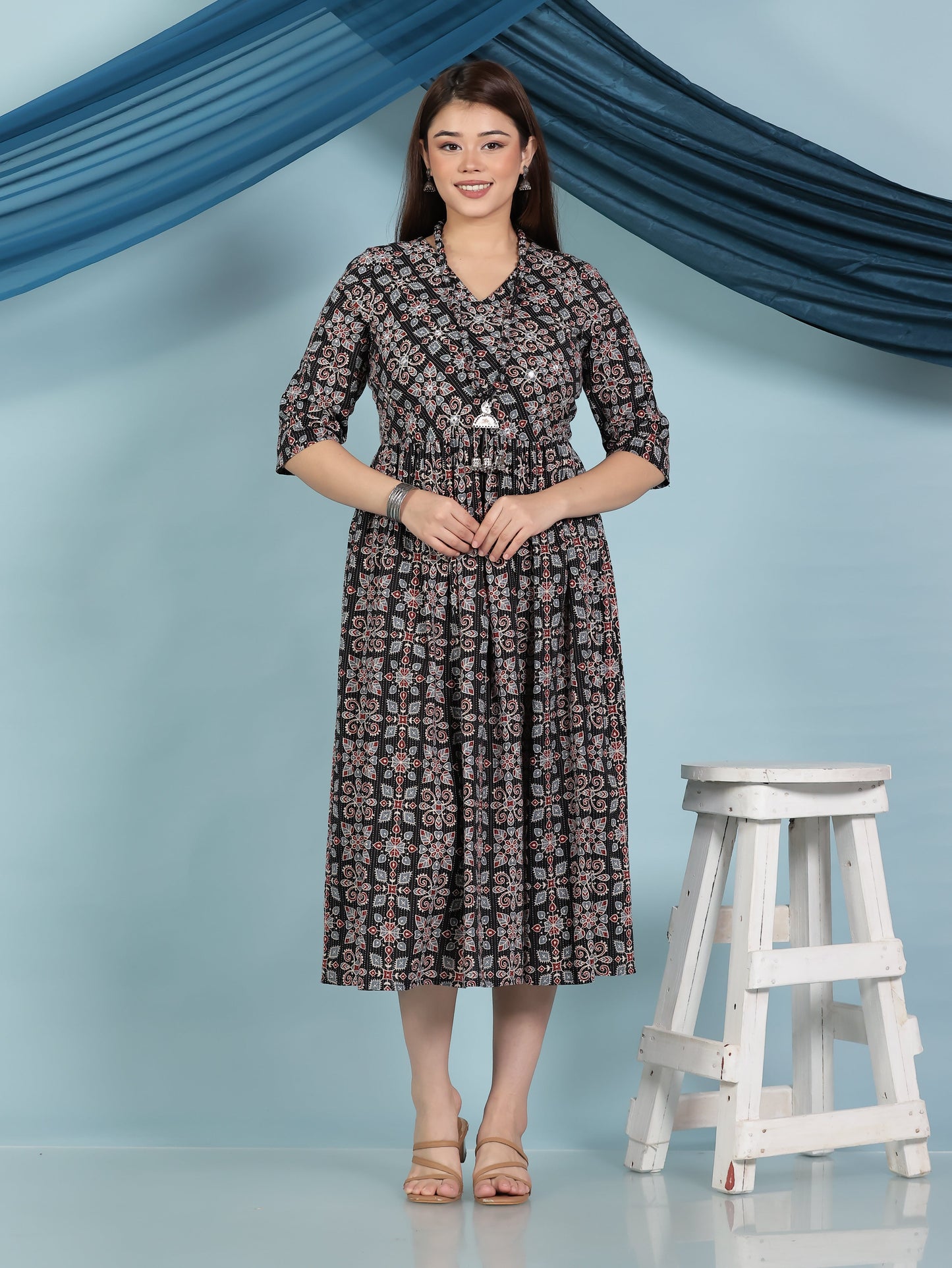 Embroidered Kantha Cotton Geometric Angrakha Black Dress (With Necklace)