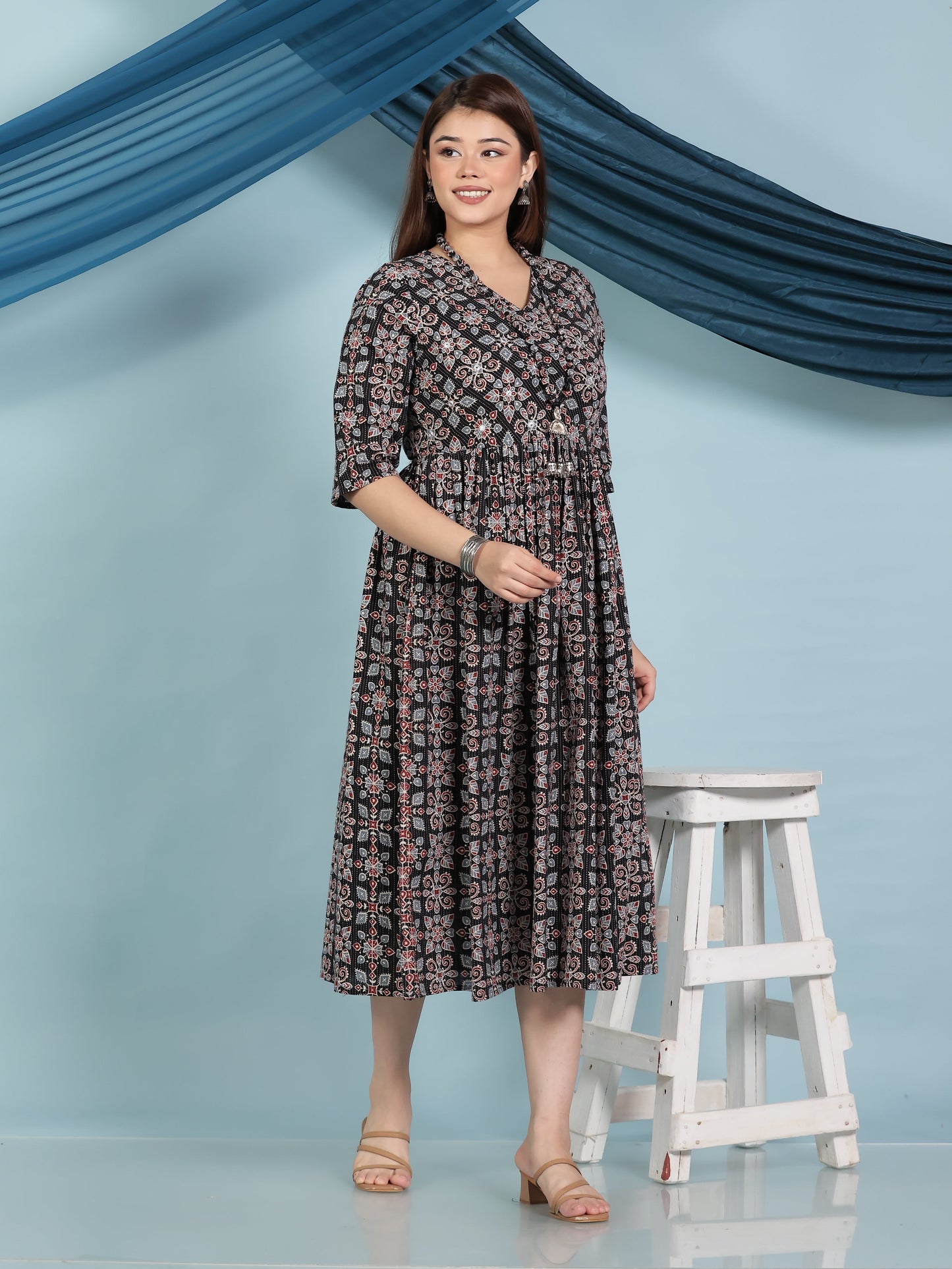 Embroidered Kantha Cotton Geometric Angrakha Black Dress (With Necklace)