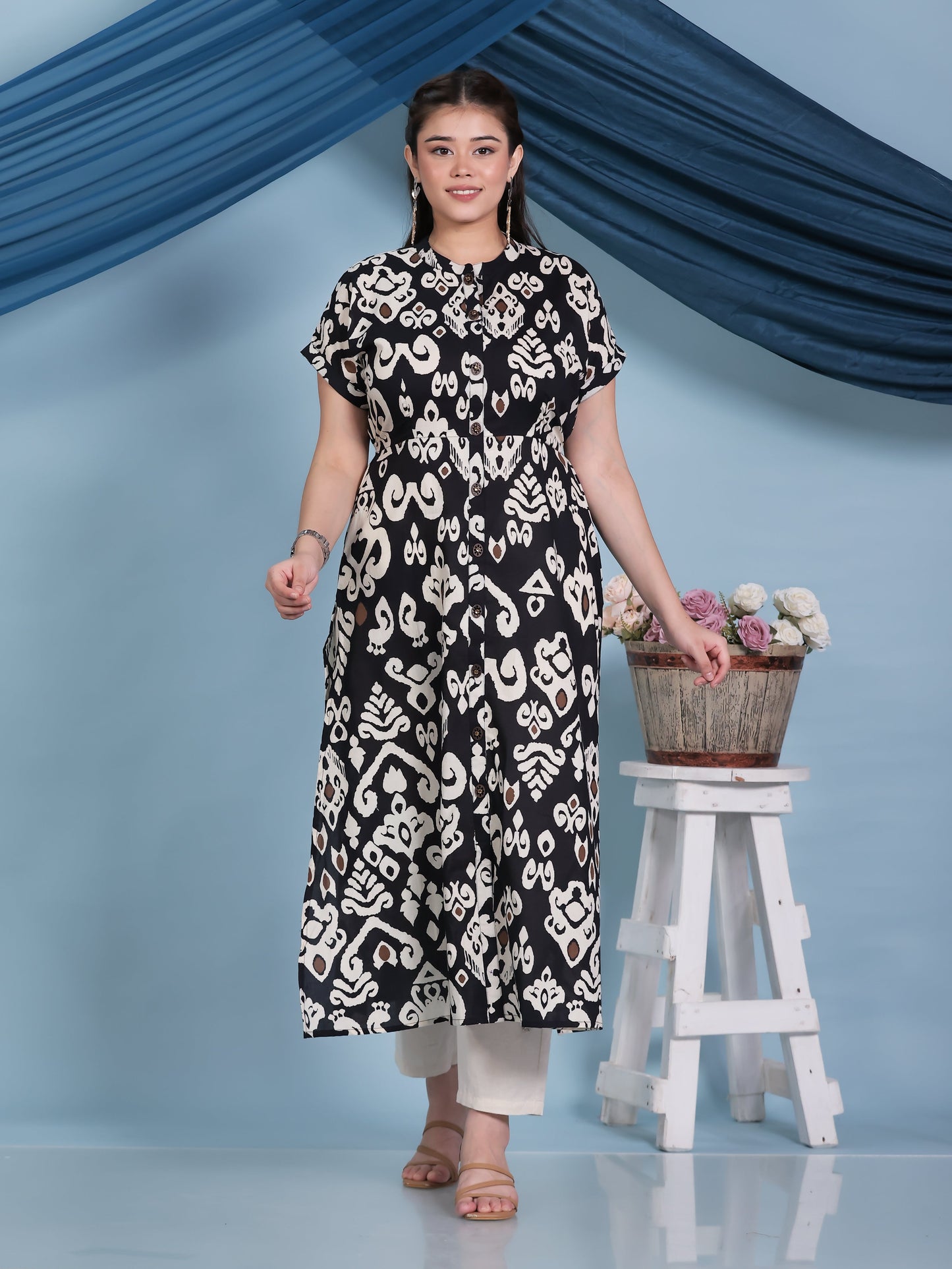 Soft Cotton Ikat A-line Black Kurta