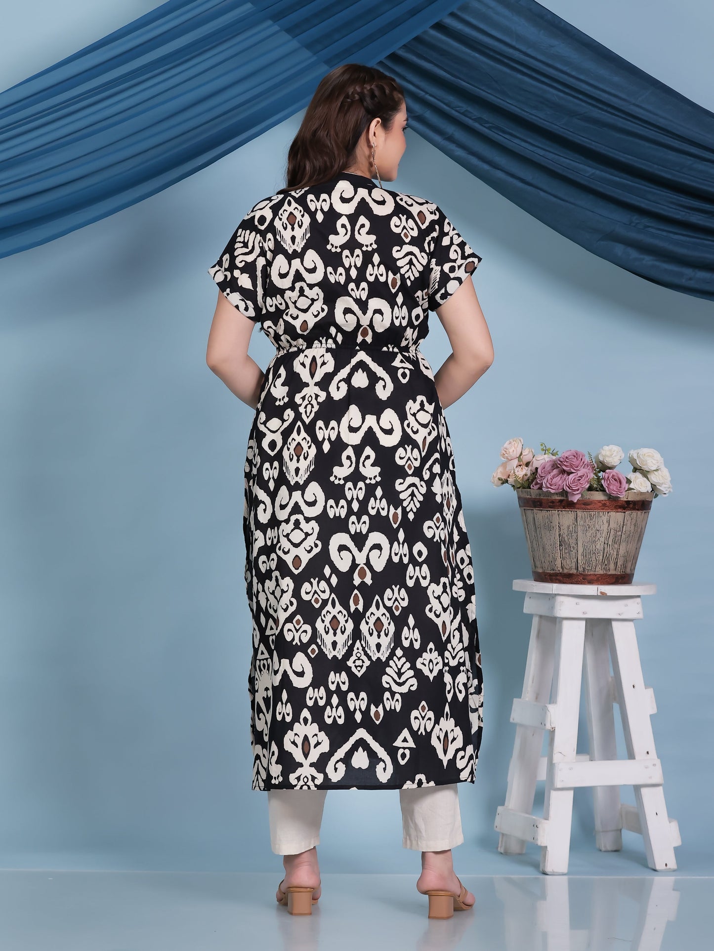 Soft Cotton Ikat A-line Black Kurta