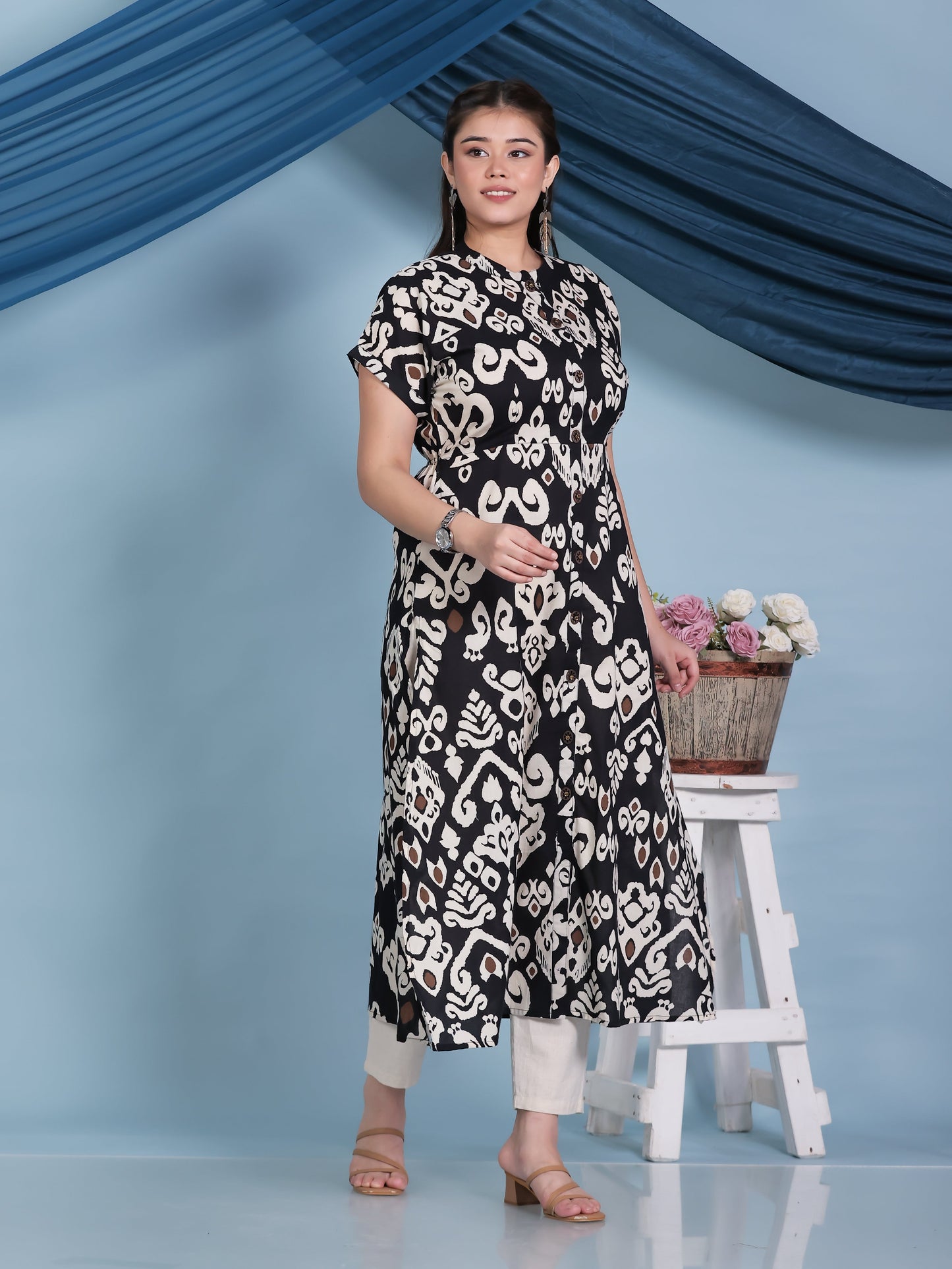 Soft Cotton Ikat A-line Black Kurta