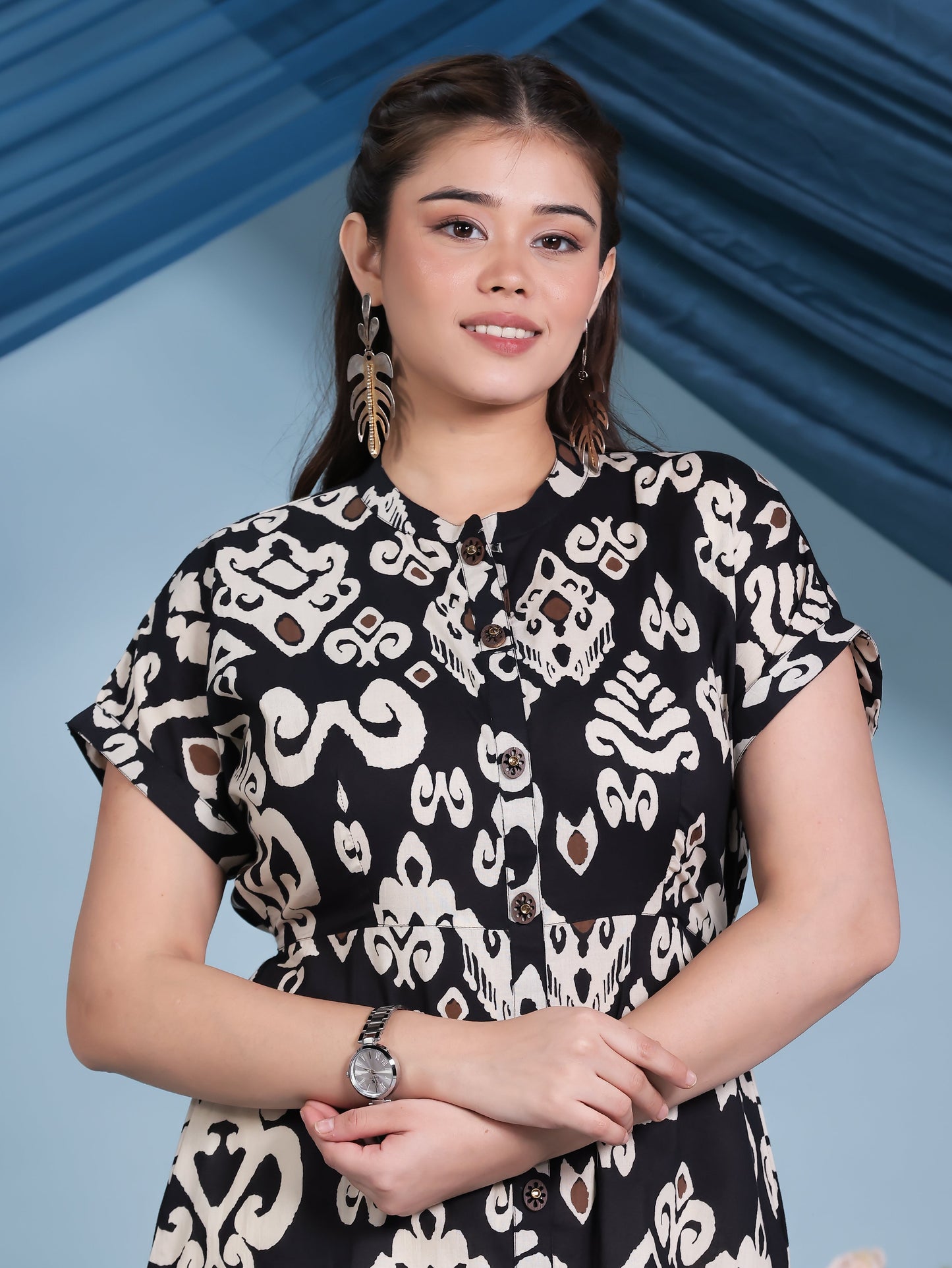 Soft Cotton Ikat A-line Black Kurta