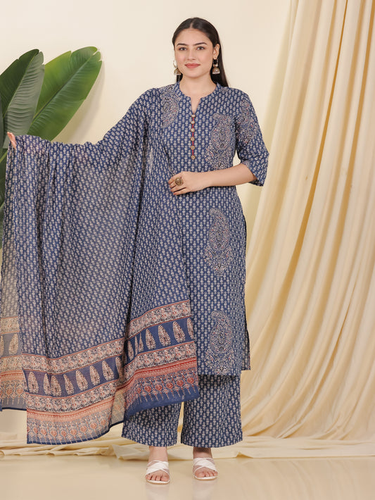 Kantha Cotton Paisley Straight Blue Kurta