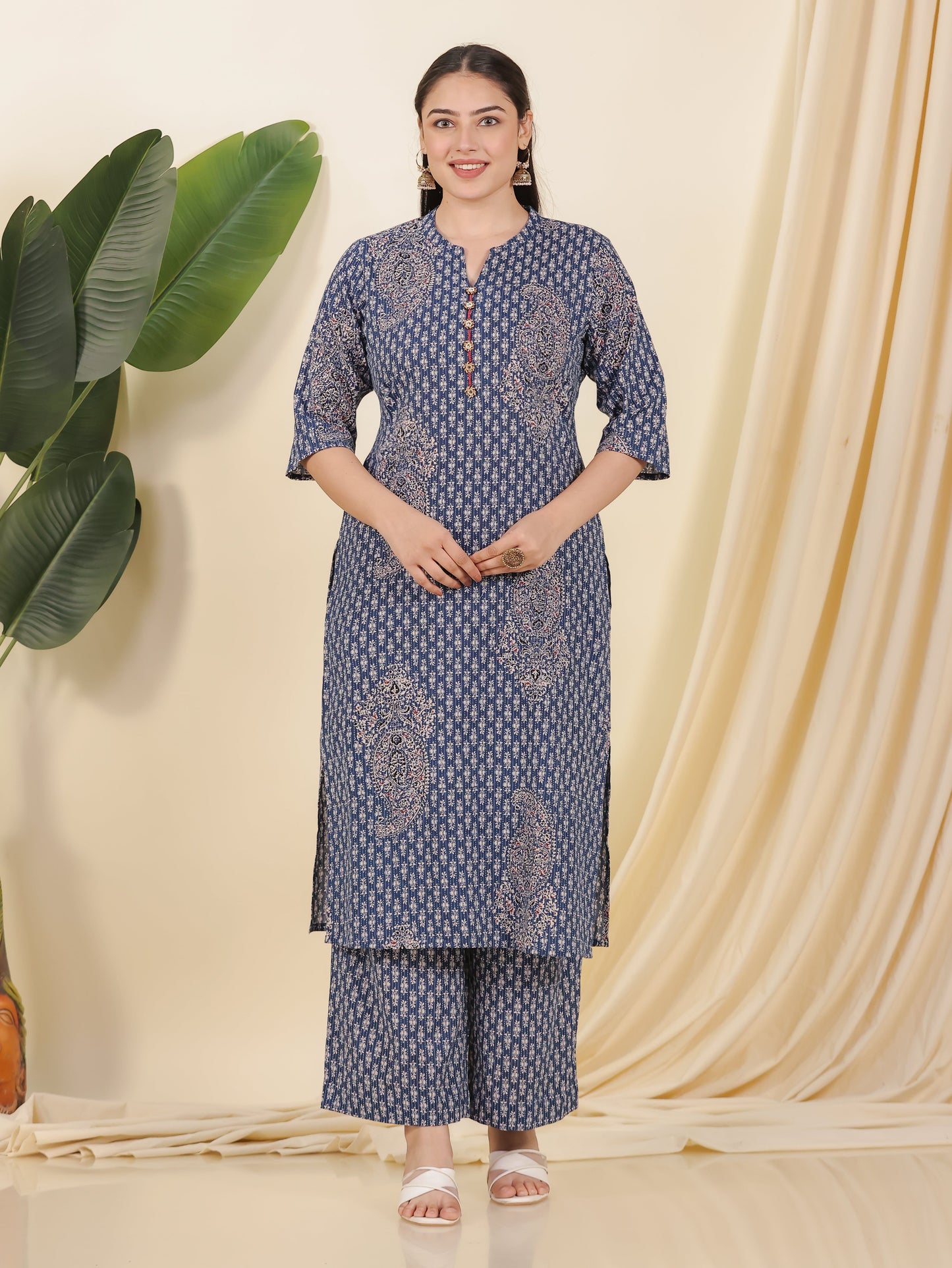 Kantha Cotton Paisley Straight Blue Kurta