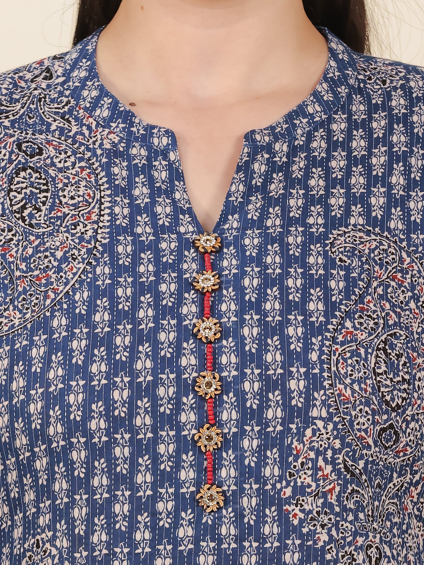 Kantha Cotton Paisley Straight Blue Kurta