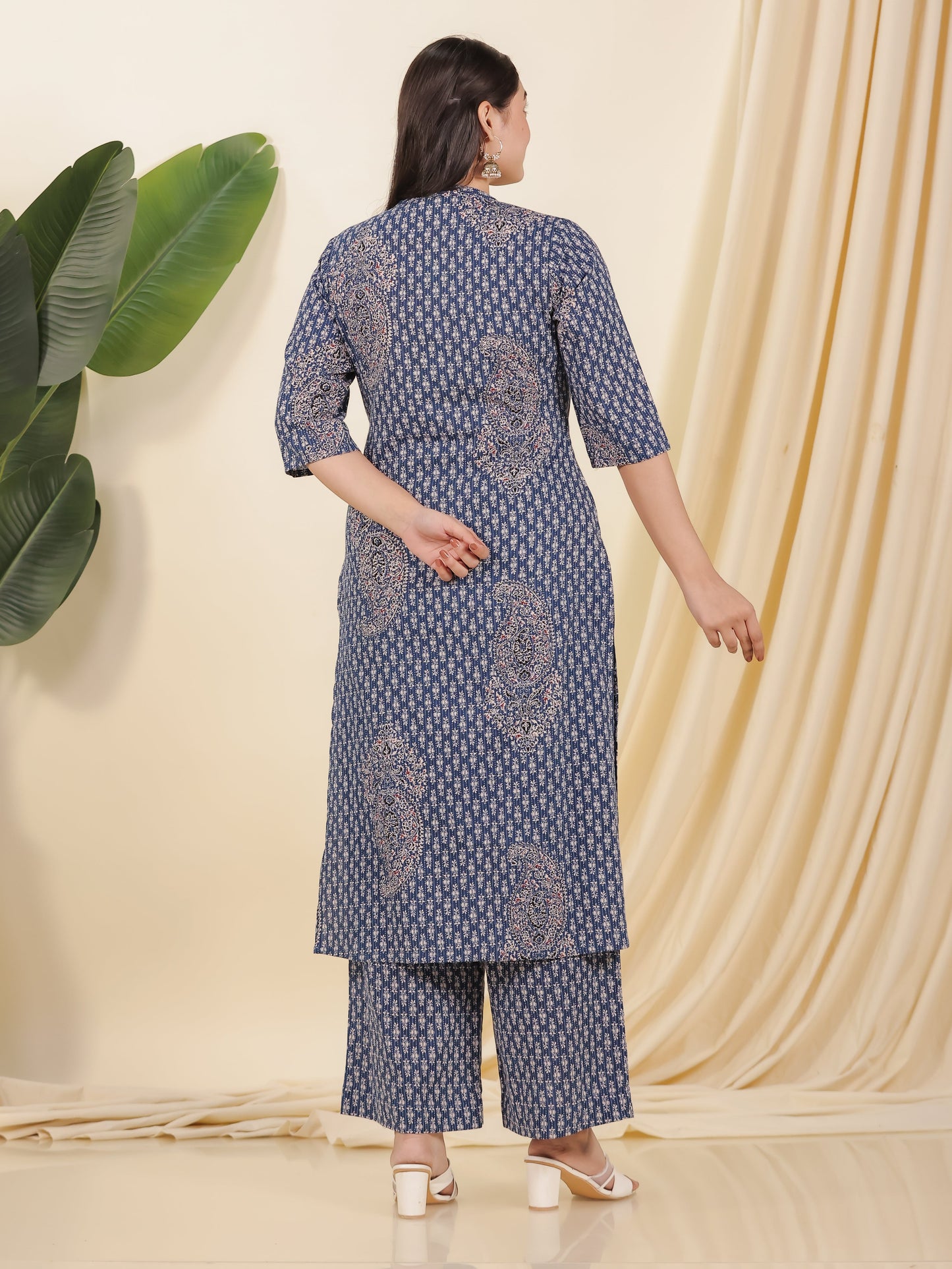 Kantha Cotton Paisley Straight Blue Kurta