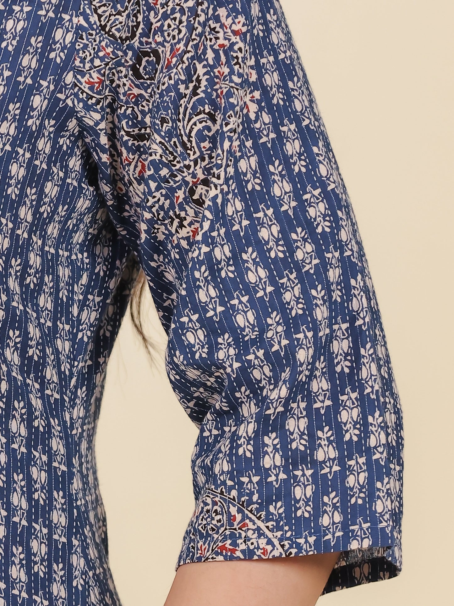 Kantha Cotton Paisley Straight Blue Kurta