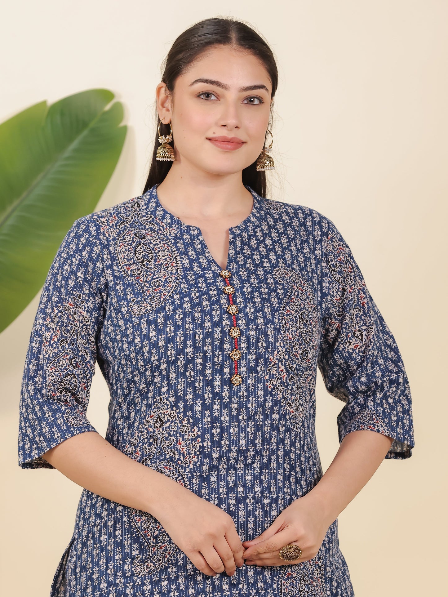 Kantha Cotton Paisley Straight Blue Kurta