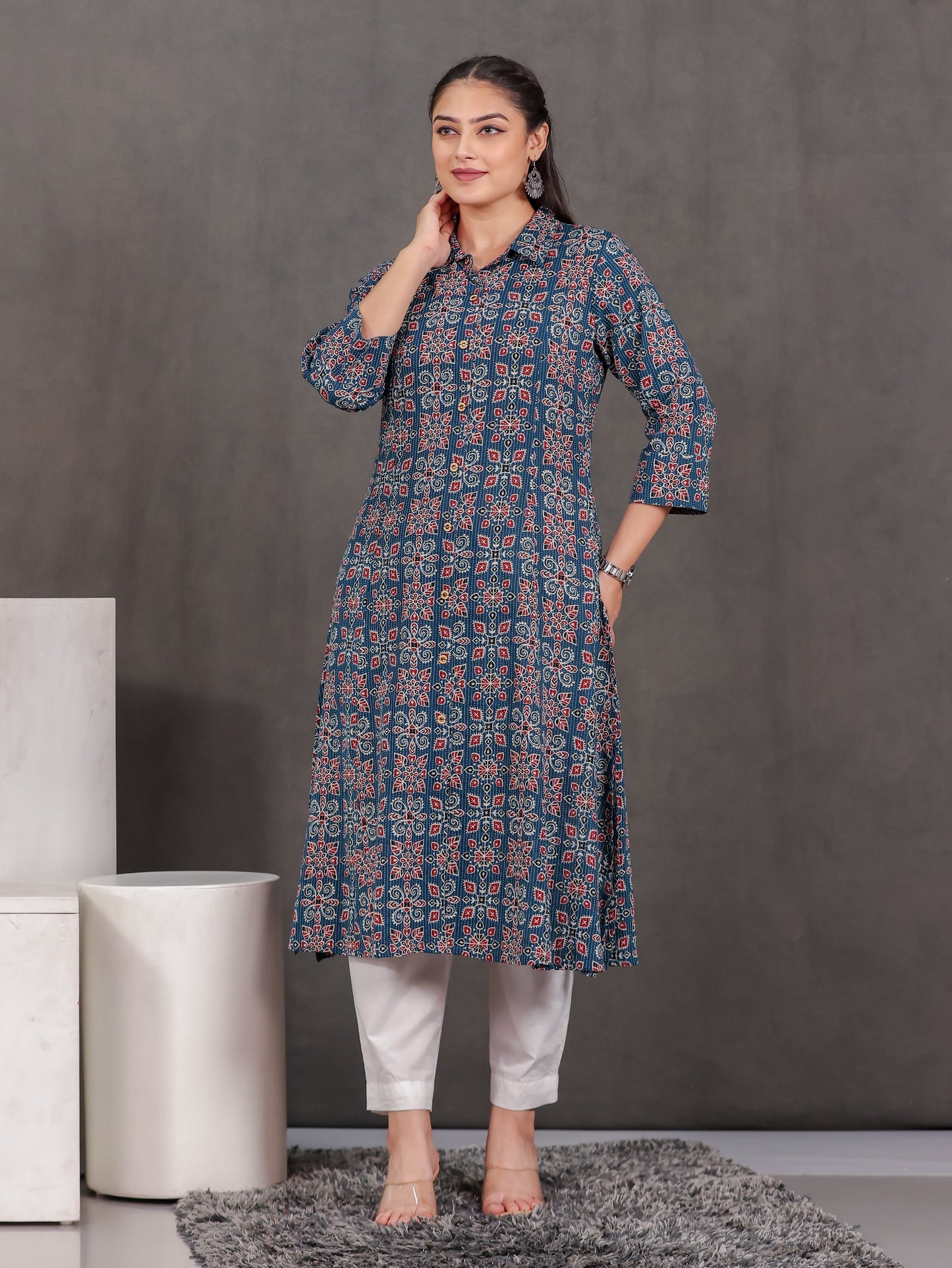 Kantha Cotton Geometric High Low Blue Kurta