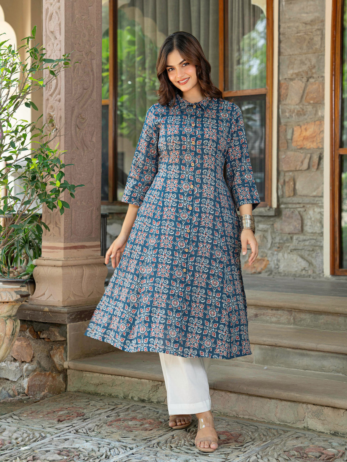 Kantha Cotton Geometric High Low Blue Kurta
