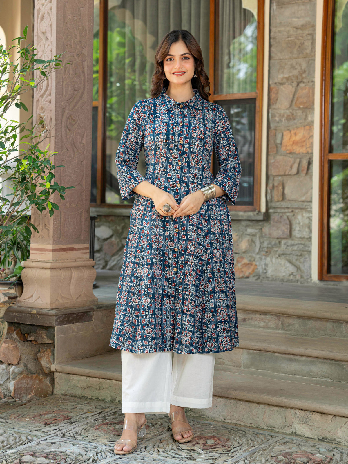 Kantha Cotton Geometric High Low Blue Kurta