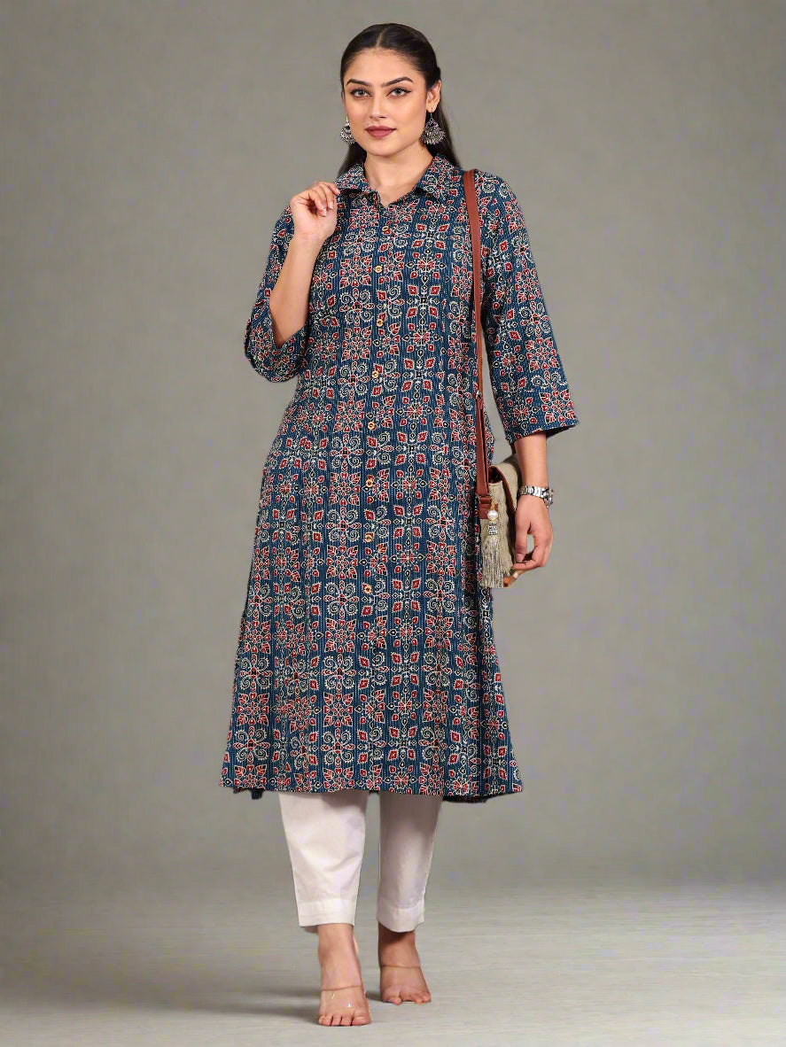 Kantha Cotton Geometric High Low Blue Kurta
