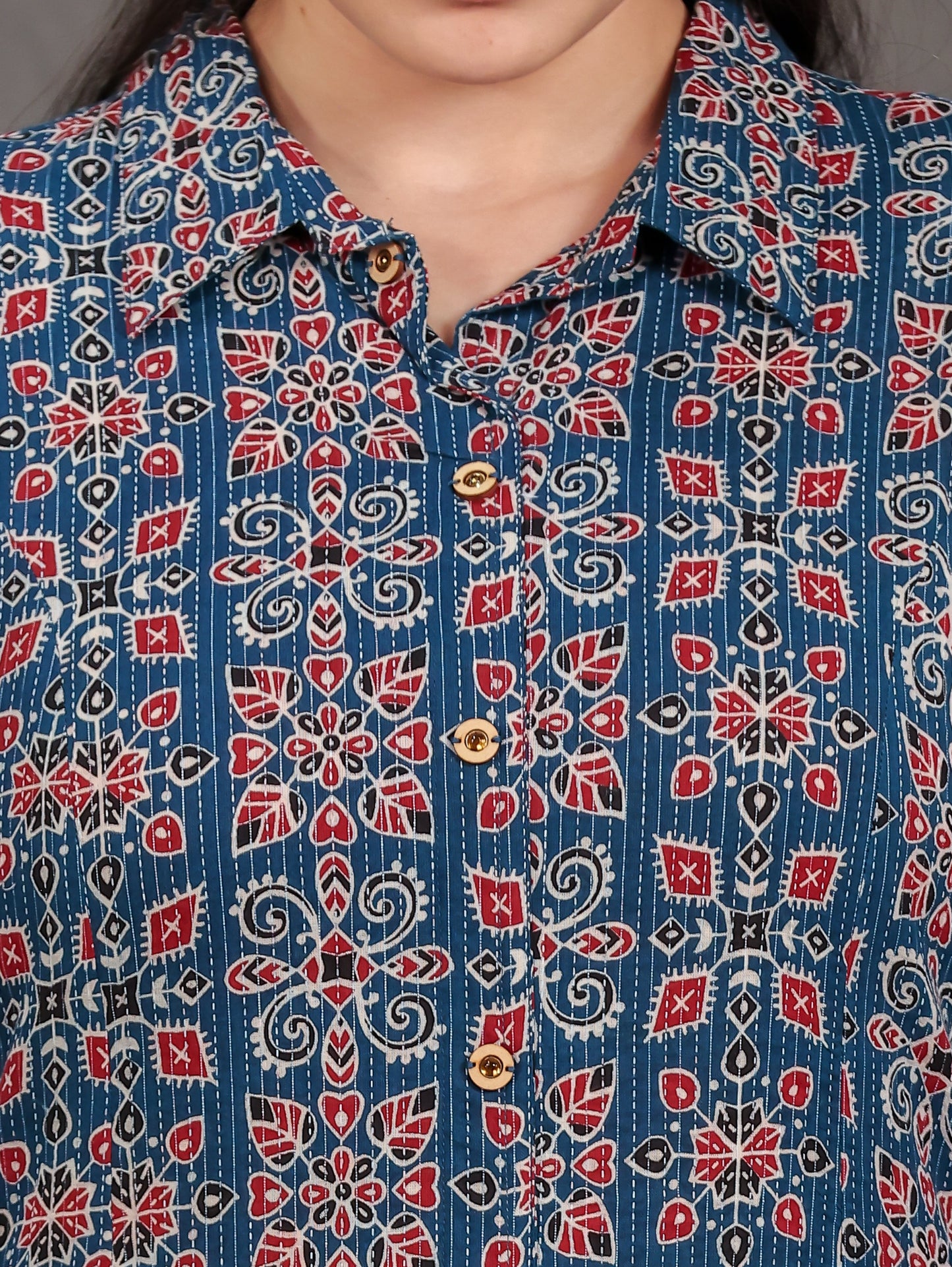 Kantha Cotton Geometric High Low Blue Kurta