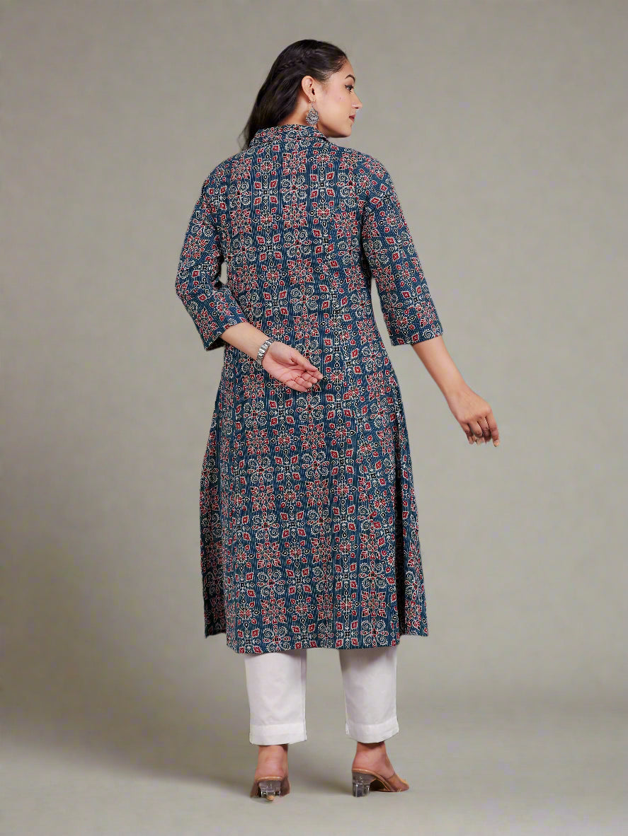 Kantha Cotton Geometric High Low Blue Kurta