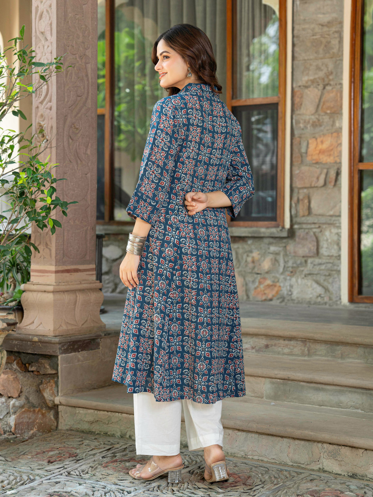 Kantha Cotton Geometric High Low Blue Kurta