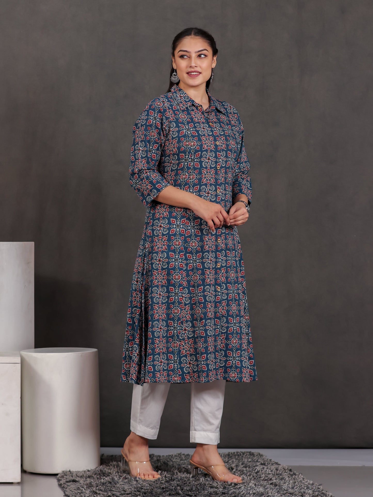 Kantha Cotton Geometric High Low Blue Kurta
