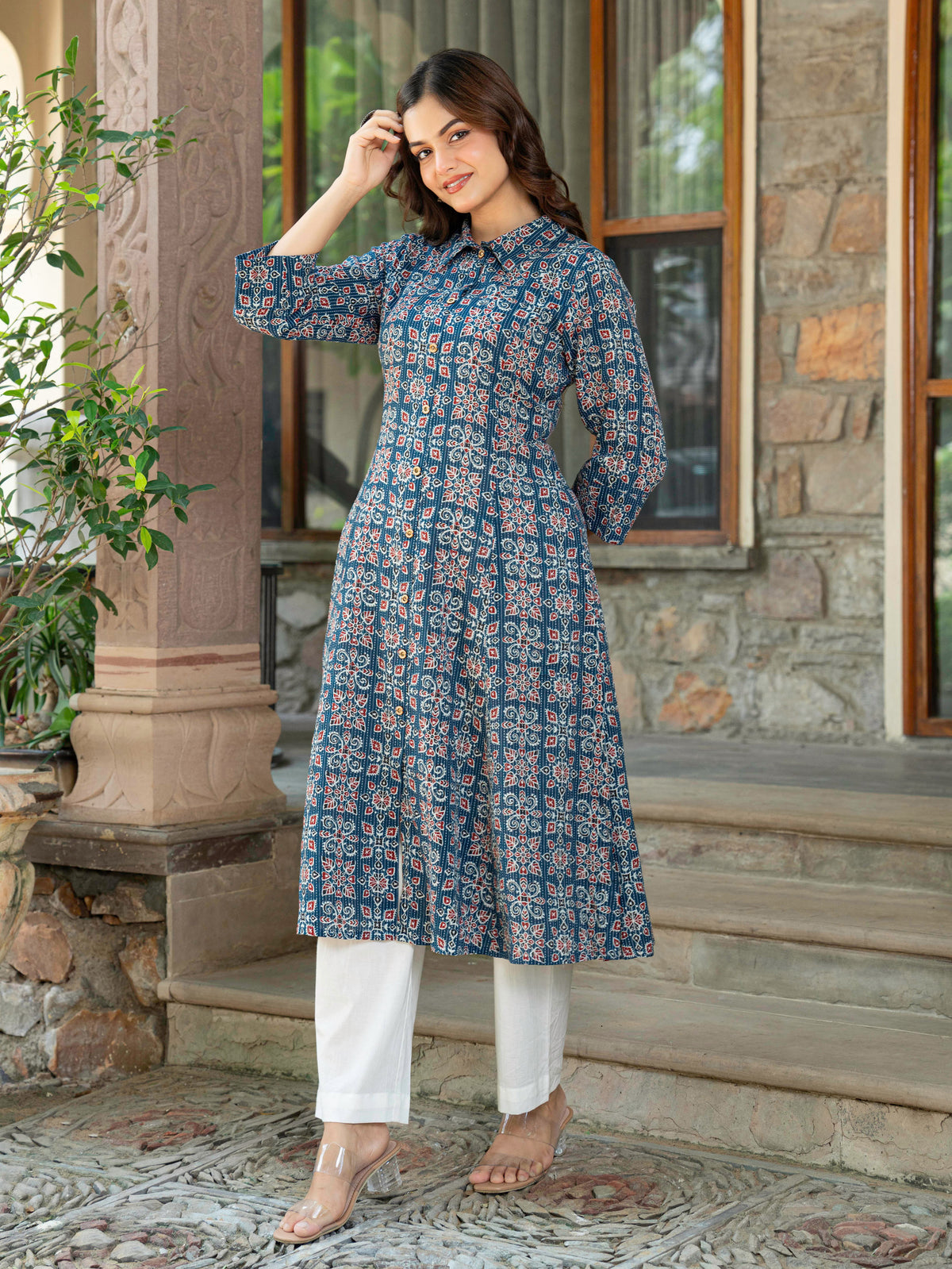 Kantha Cotton Geometric High Low Blue Kurta