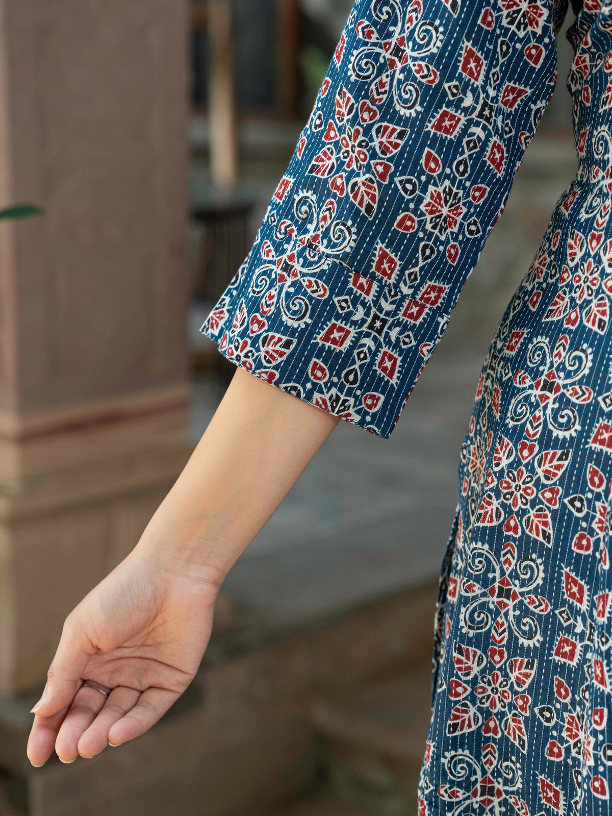 Kantha Cotton Geometric High Low Blue Kurta