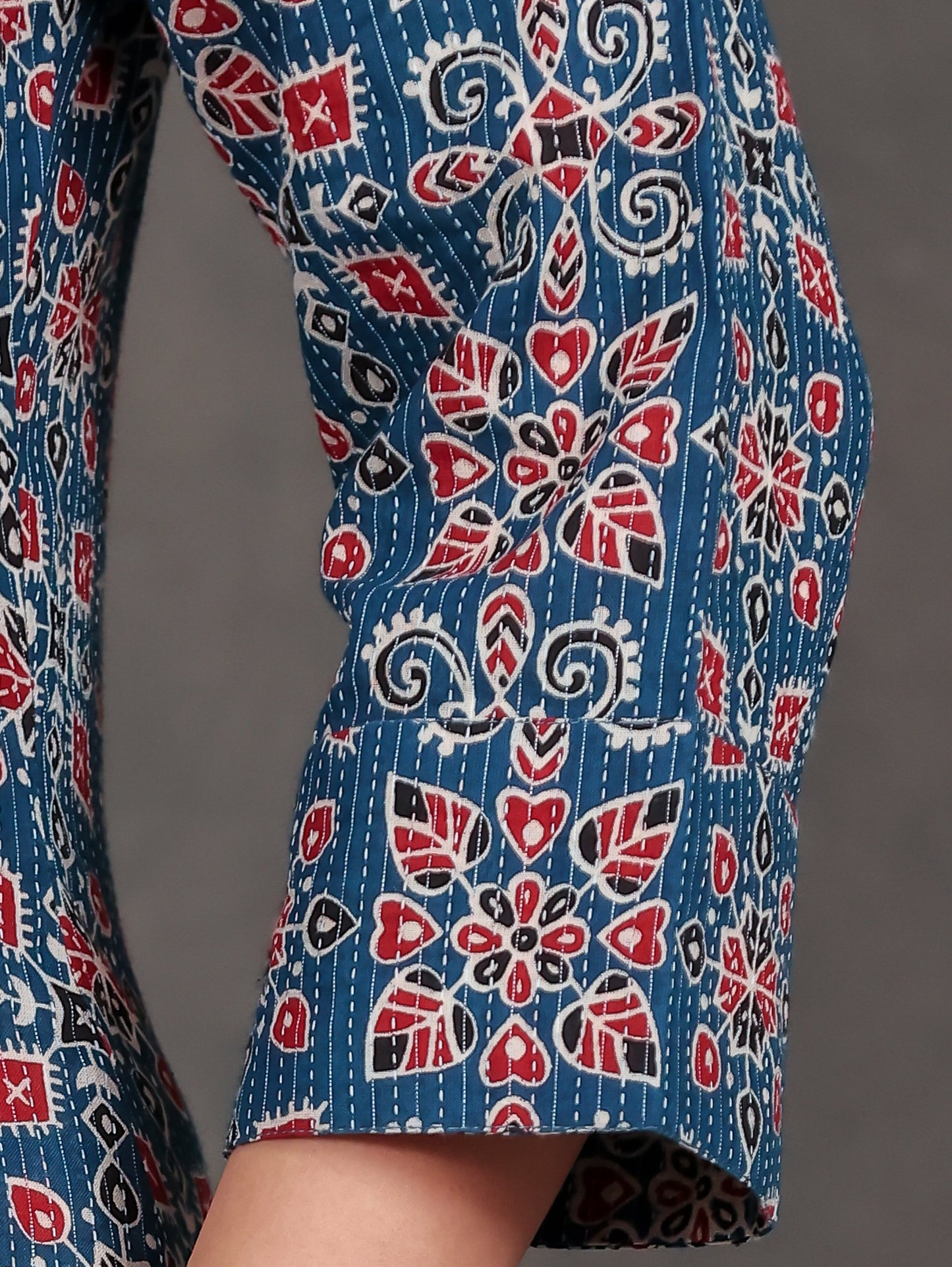 Kantha Cotton Geometric High Low Blue Kurta