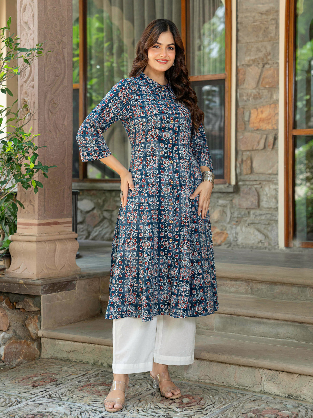Kantha Cotton Geometric High Low Blue Kurta